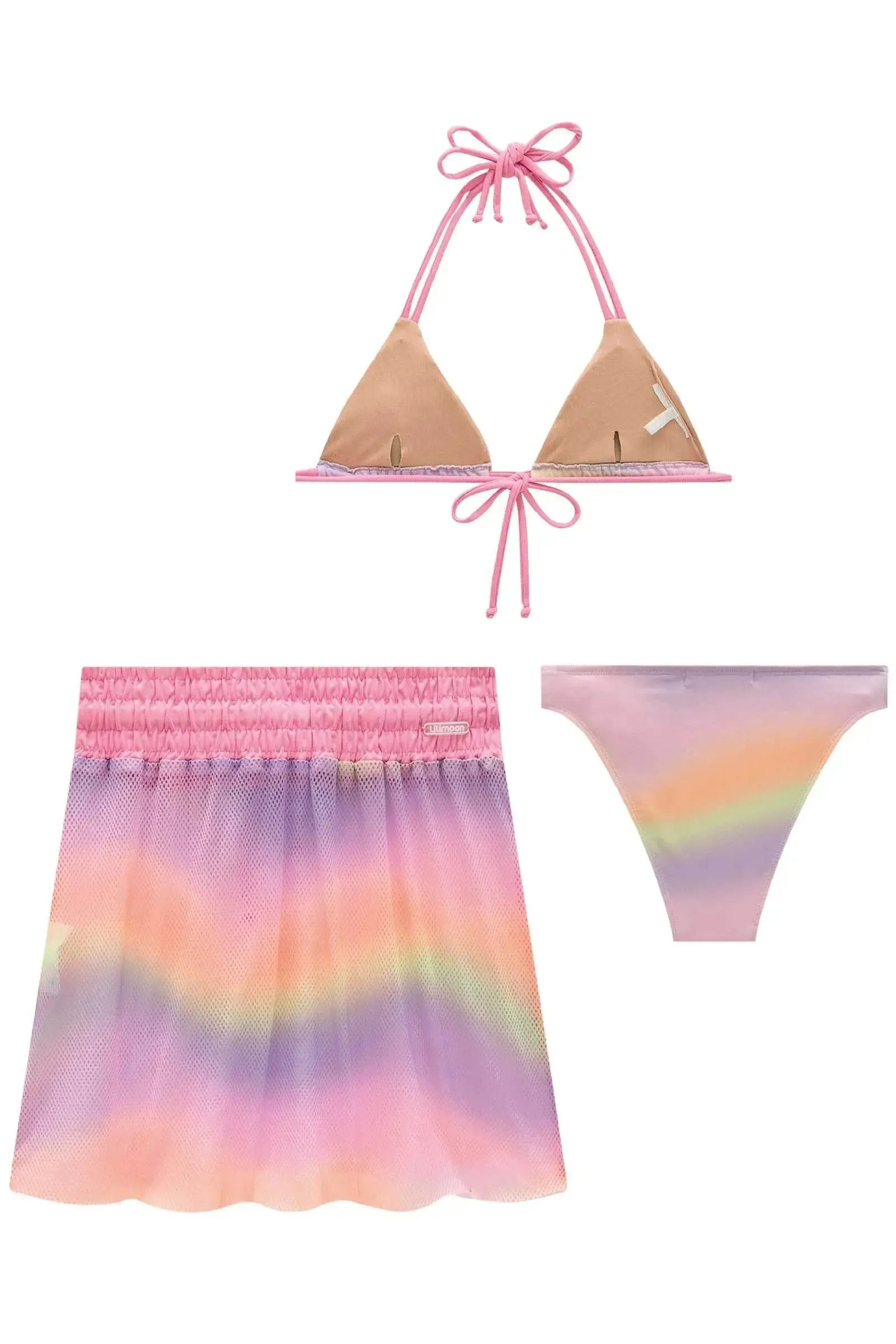 Trio de Biquíni com Top e Calcinha em Malha UV Dry 50+ e Saia em Tela Fashion Sublimada 85002 Lilimoon Teen Menina