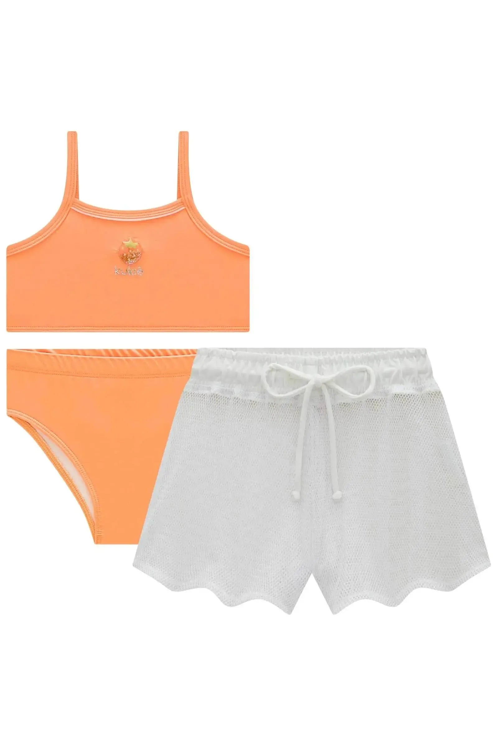Trio de Biquíni em Malha com Proteção UV50+ e Short Saída de Praia em Tela Fashion 99117 Kukiê Infantil Menina