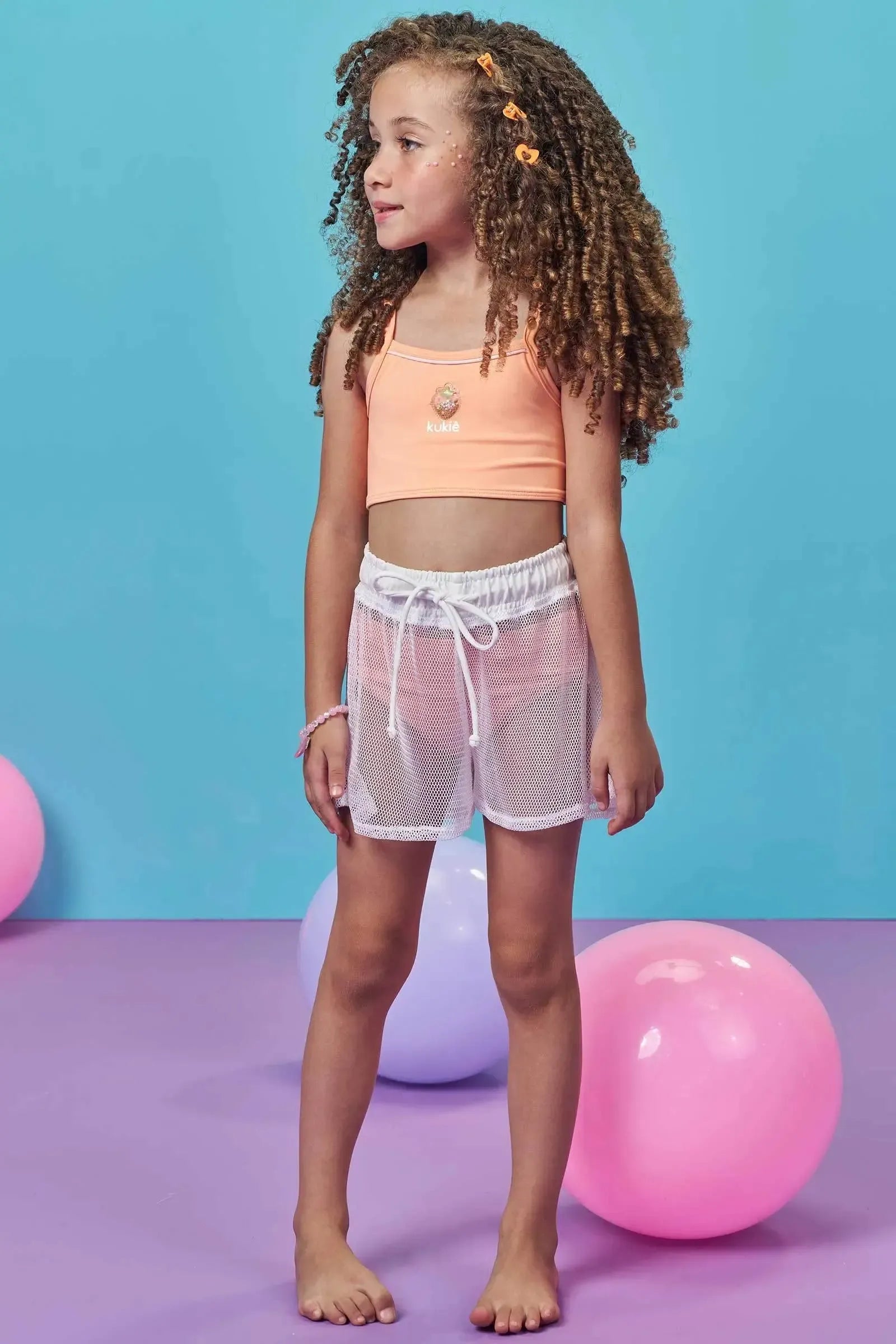 Trio de Biquíni em Malha com Proteção UV50+ e Short Saída de Praia em Tela Fashion 99117 Kukiê Infantil Menina