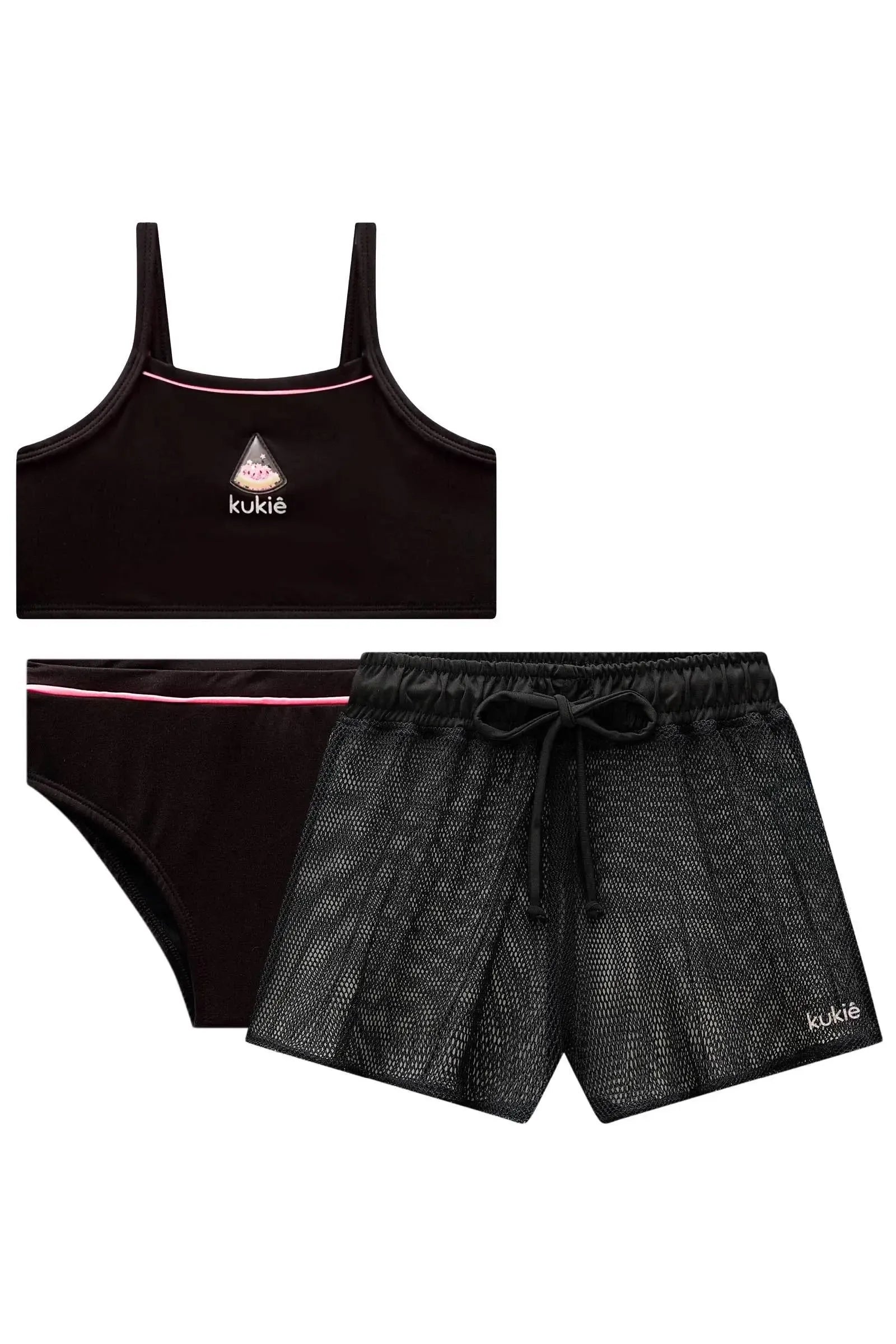 Trio de Biquíni em Malha com Proteção UV50+ e Short Saída de Praia em Tela Fashion 99127 Kukiê Infantil Menina