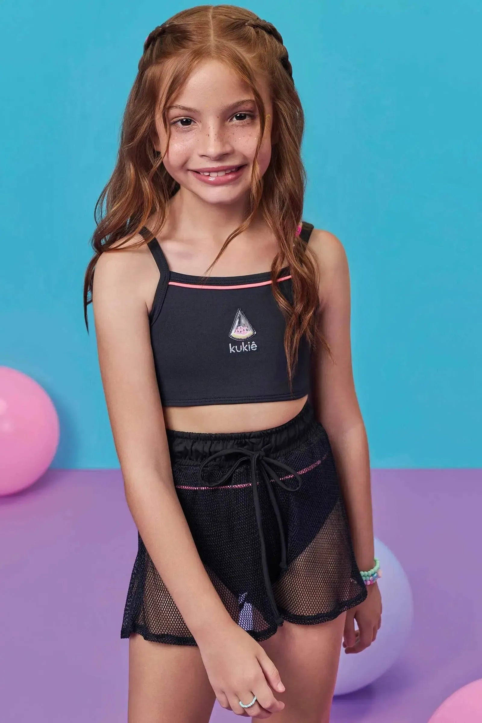Trio de Biquíni em Malha com Proteção UV50+ e Short Saída de Praia em Tela Fashion 99127 Kukiê Infantil Menina