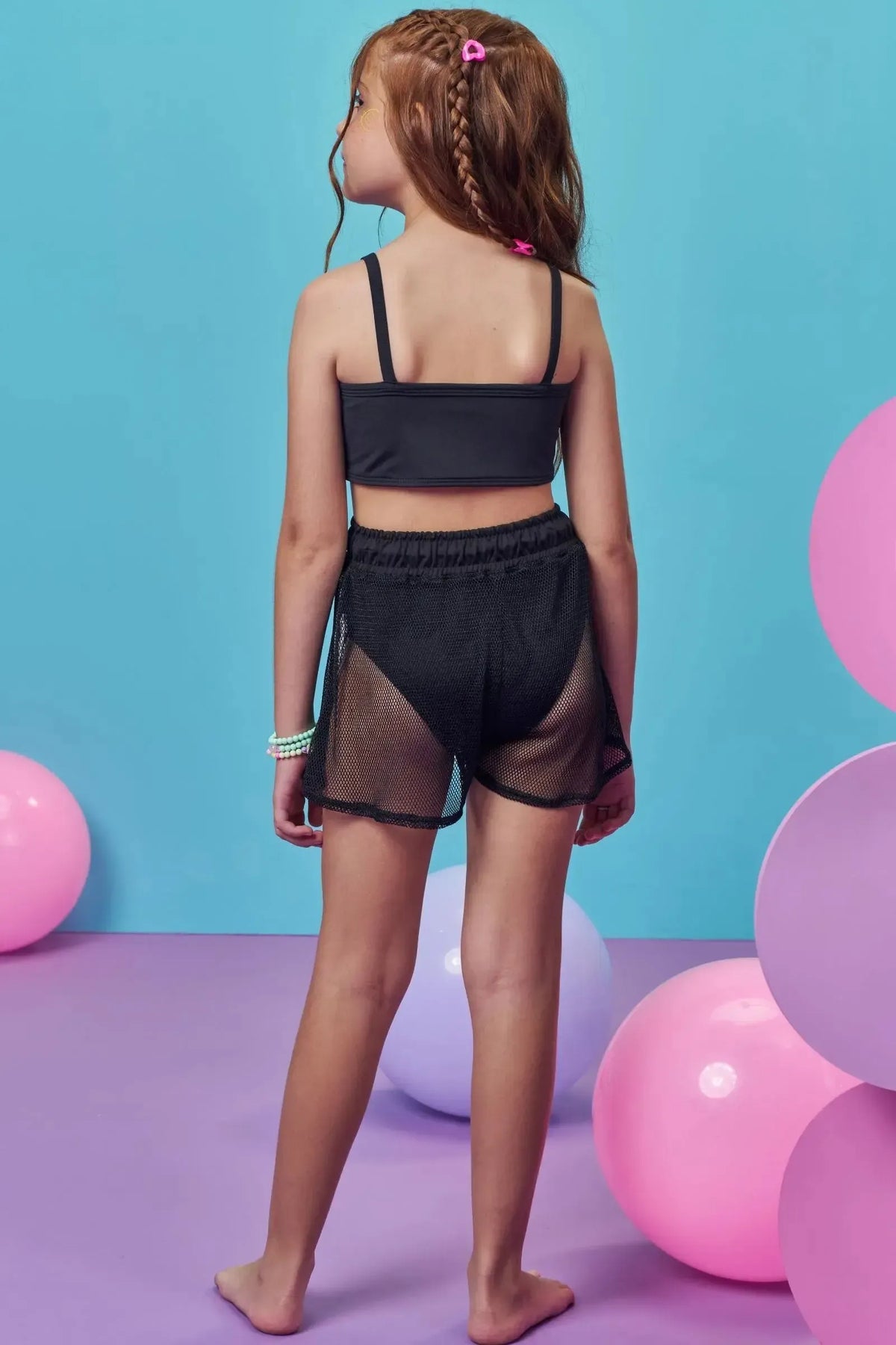 Trio de Biquíni em Malha com Proteção UV50+ e Short Saída de Praia em Tela Fashion 99127 Kukiê Infantil Menina