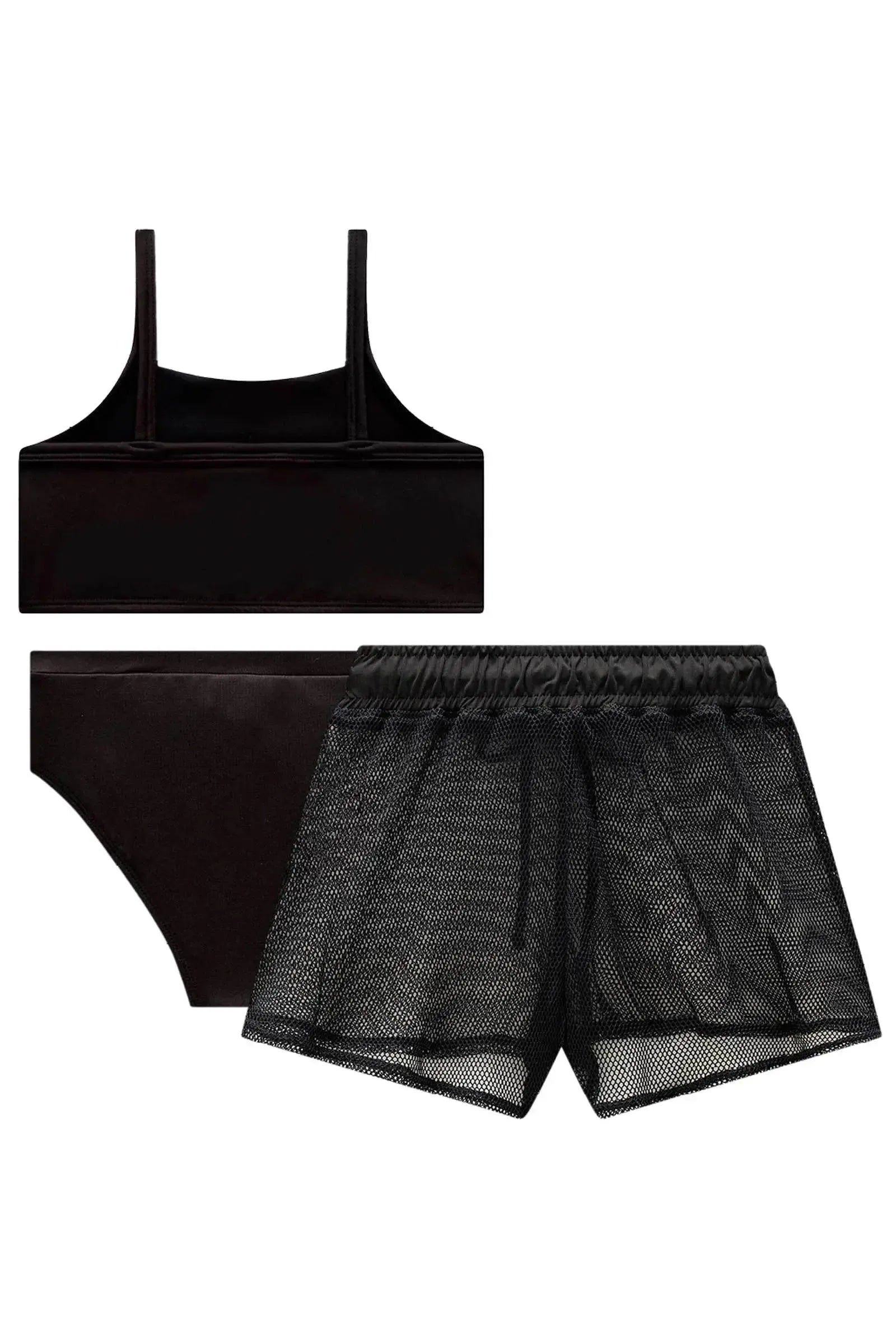 Trio de Biquíni em Malha com Proteção UV50+ e Short Saída de Praia em Tela Fashion 99127 Kukiê Infantil Menina