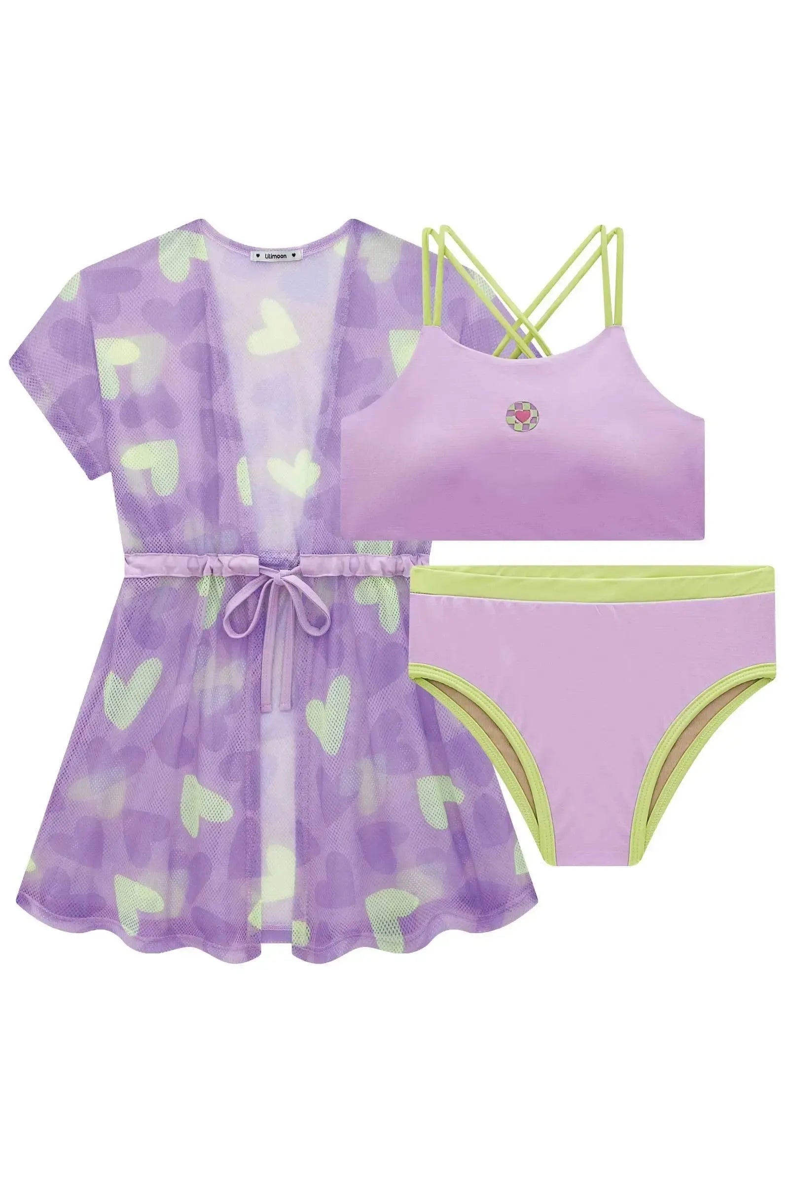 Trio de Biquíni em Malha UV Dry com Proteção Solar UV 50+ e Saída de Praia em Tela Fashion 99473 Lilimoon Teen Menina