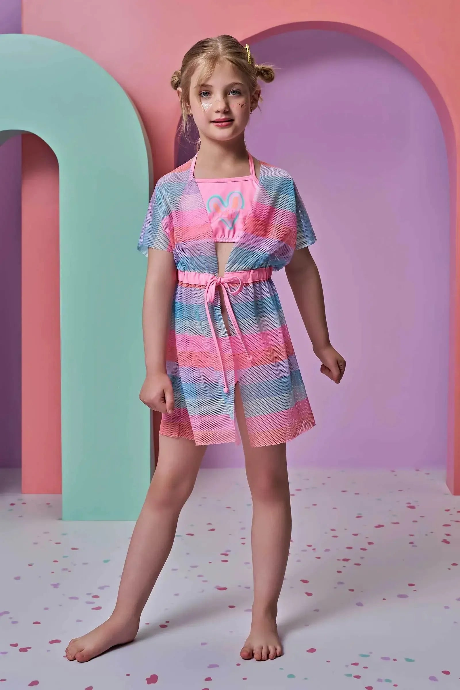 Trio de Biquíni em Malha UV Dry com Proteção UV 50+ com Saída de Praia em Tela Fashion 93177 Infanti Infantil Menina