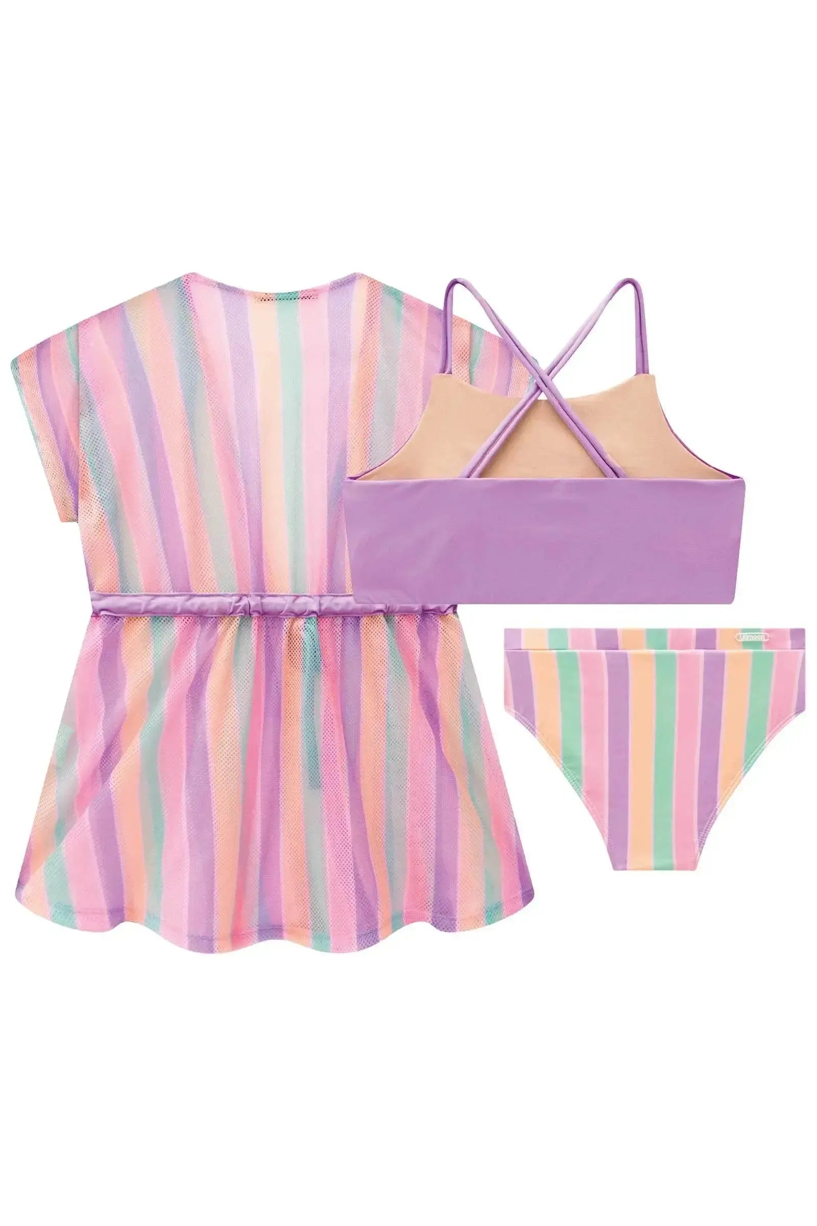Trio de Biquíni em Malha UV Dry com Proteção UV 50+ e Saida de Praia em Tela Fashion 96452 Lilimoon Teen Menina