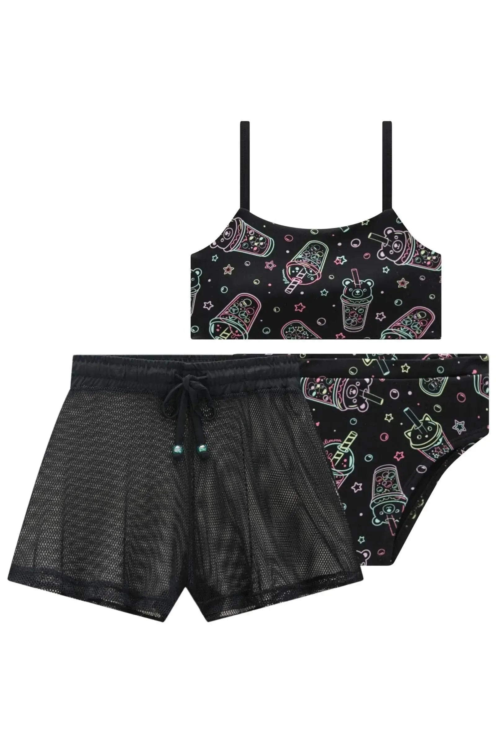 Trio de Biquíni em Malha UV Dry com Proteção UV 50+ e Shorts em Tela Glamour 99537 Lilimoon Teen Menina