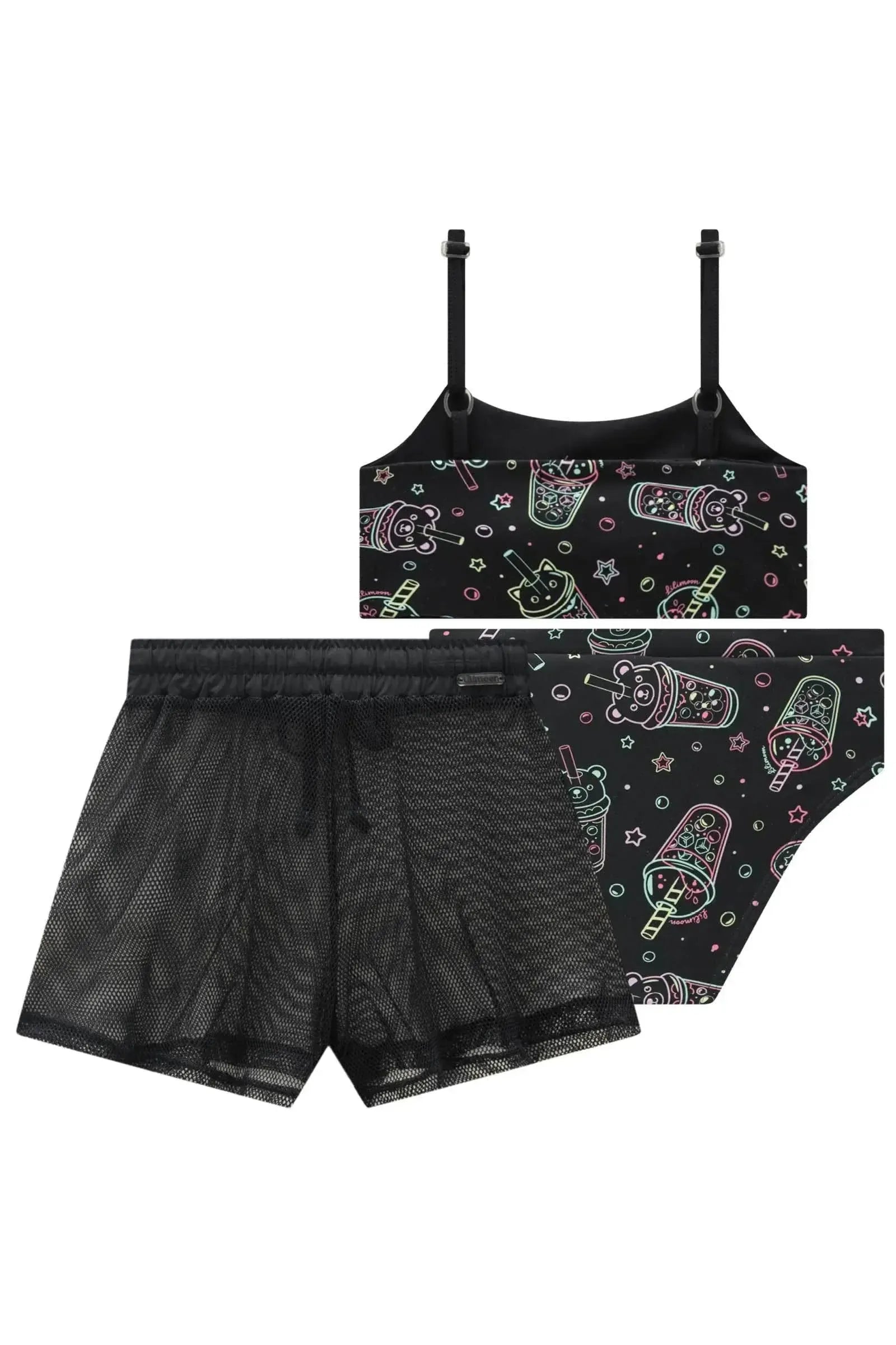 Trio de Biquíni em Malha UV Dry com Proteção UV 50+ e Shorts em Tela Glamour 99537 Lilimoon Teen Menina