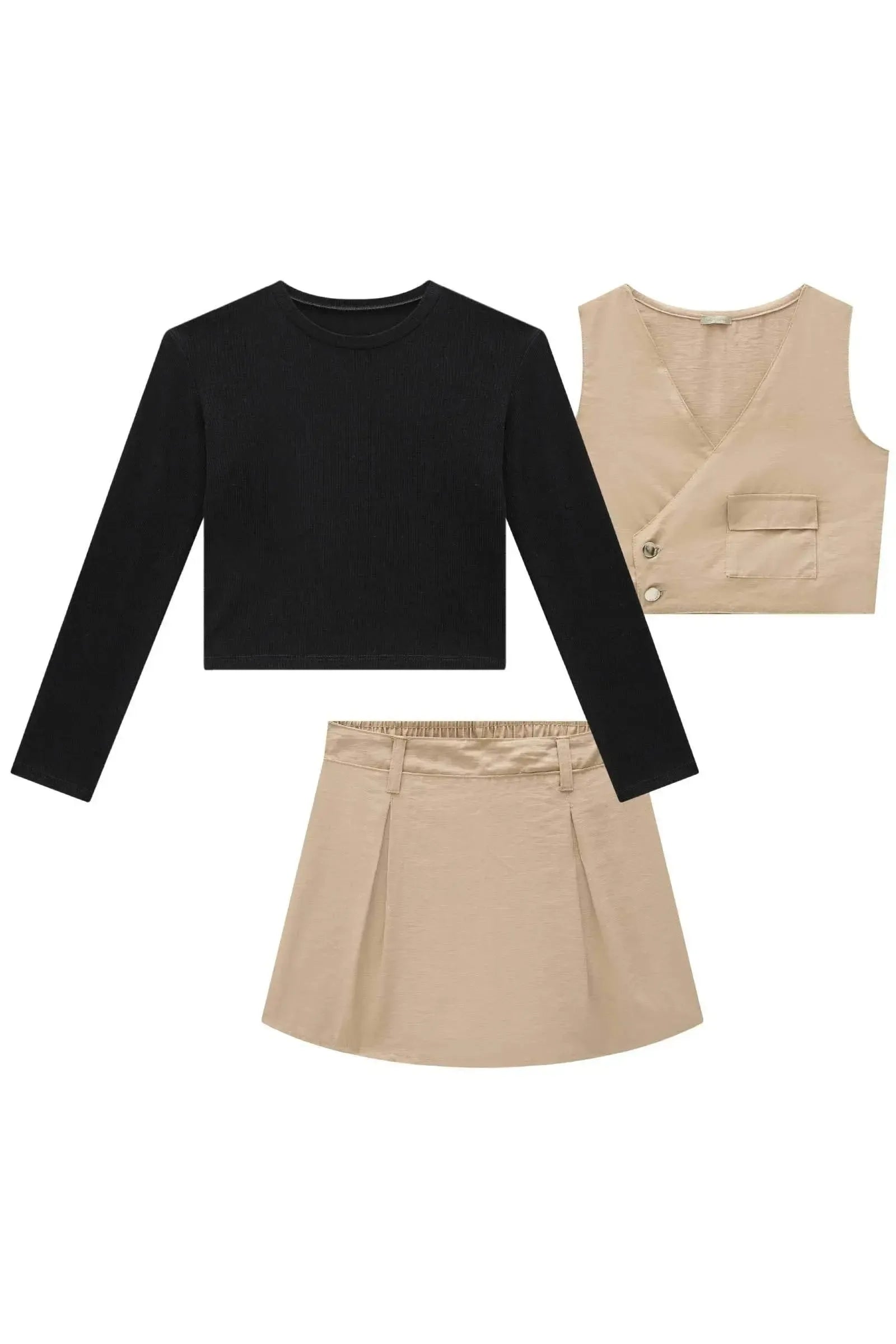 Trio de Blusa Boxy em Canelado Liz Colete e Short Saia em Alfaiataria Marant 90659 Vic&Vicky Teen Menina