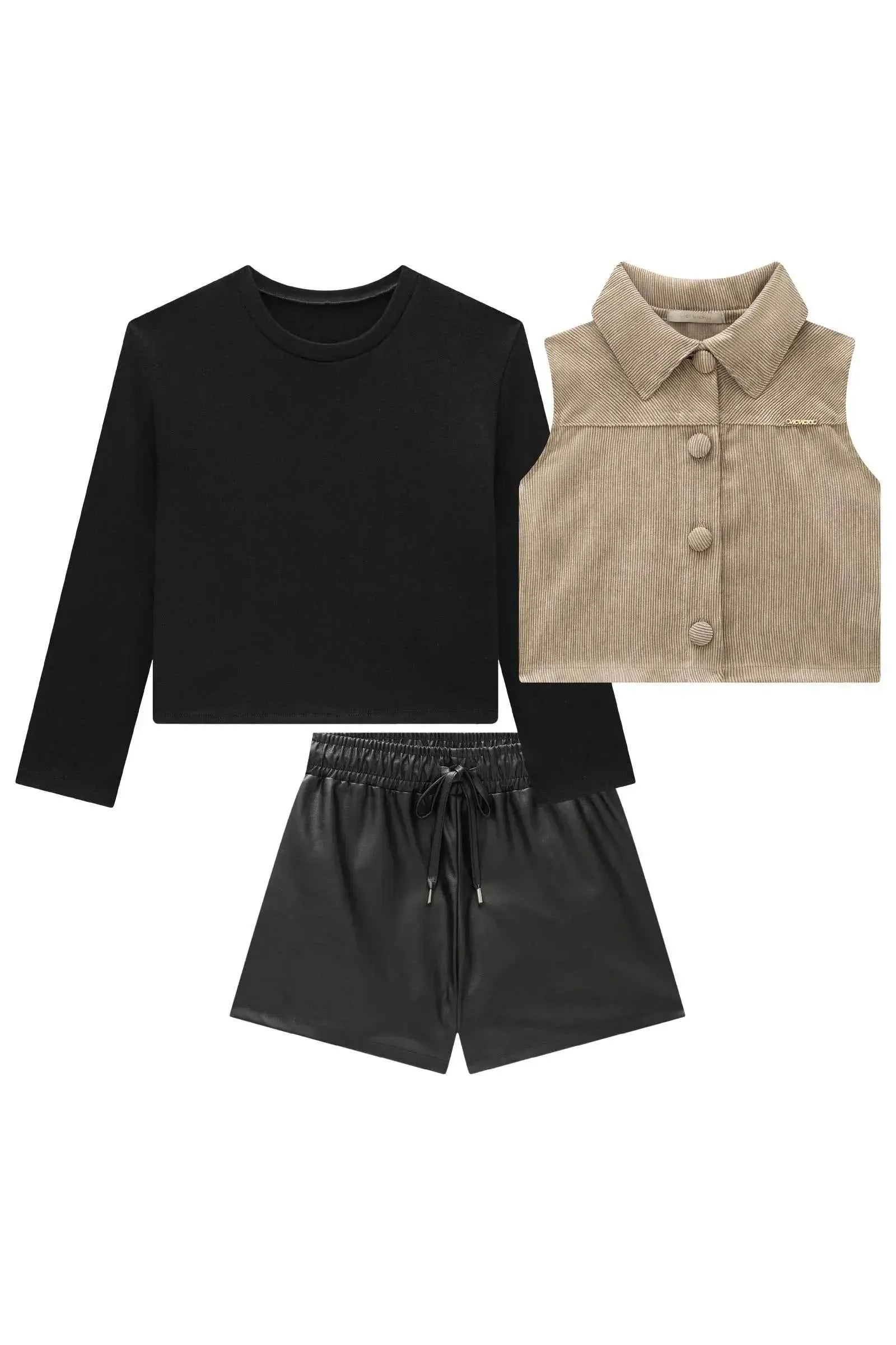 Trio de Blusa Boxy em Ribana 1x1 Shorts em Couro Sintético e Colete em Veludo Cotelê Gold 92014 Vic&Vicky Teen Menina