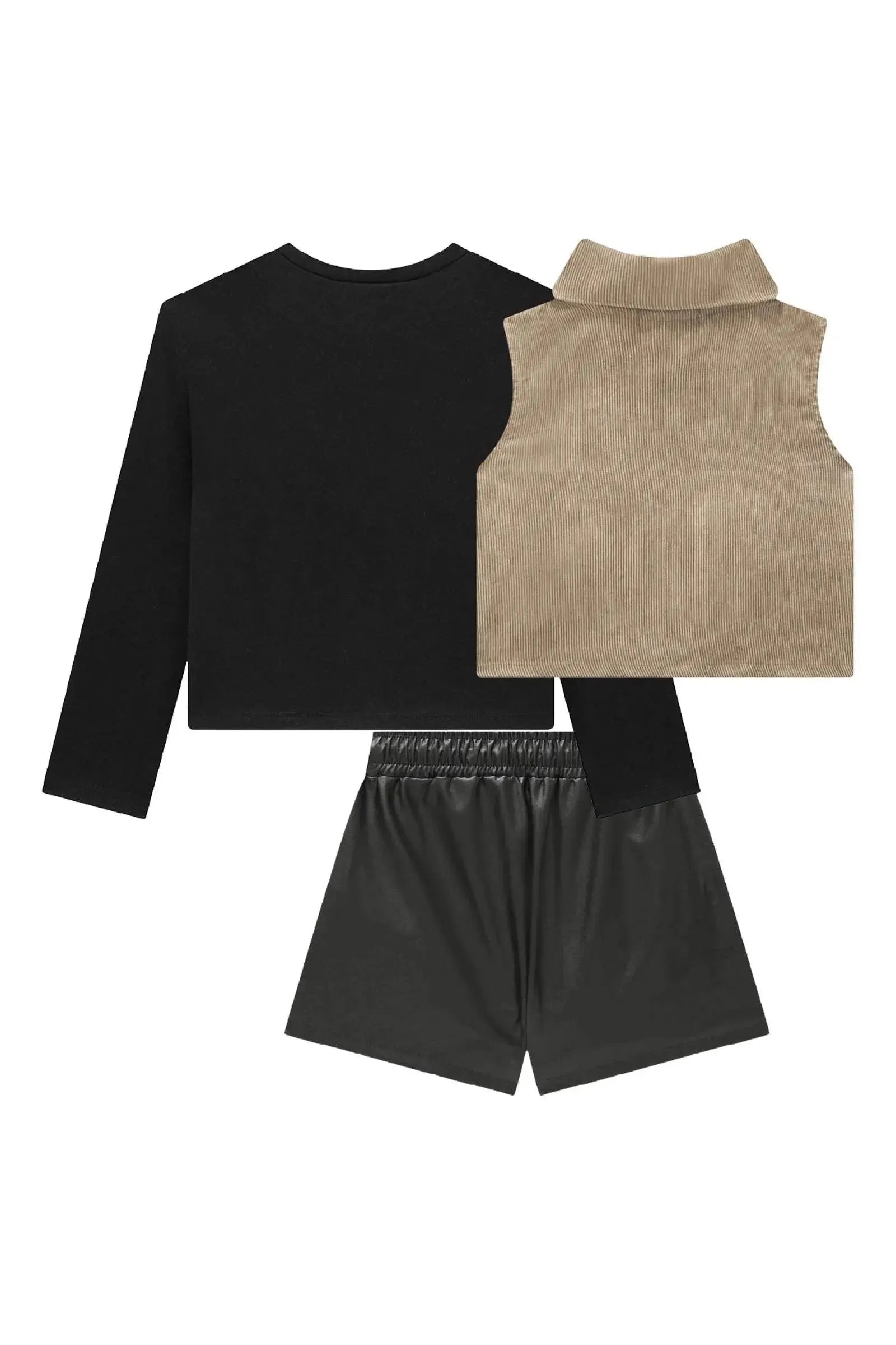 Trio de Blusa Boxy em Ribana 1x1 Shorts em Couro Sintético e Colete em Veludo Cotelê Gold 92014 Vic&Vicky Teen Menina
