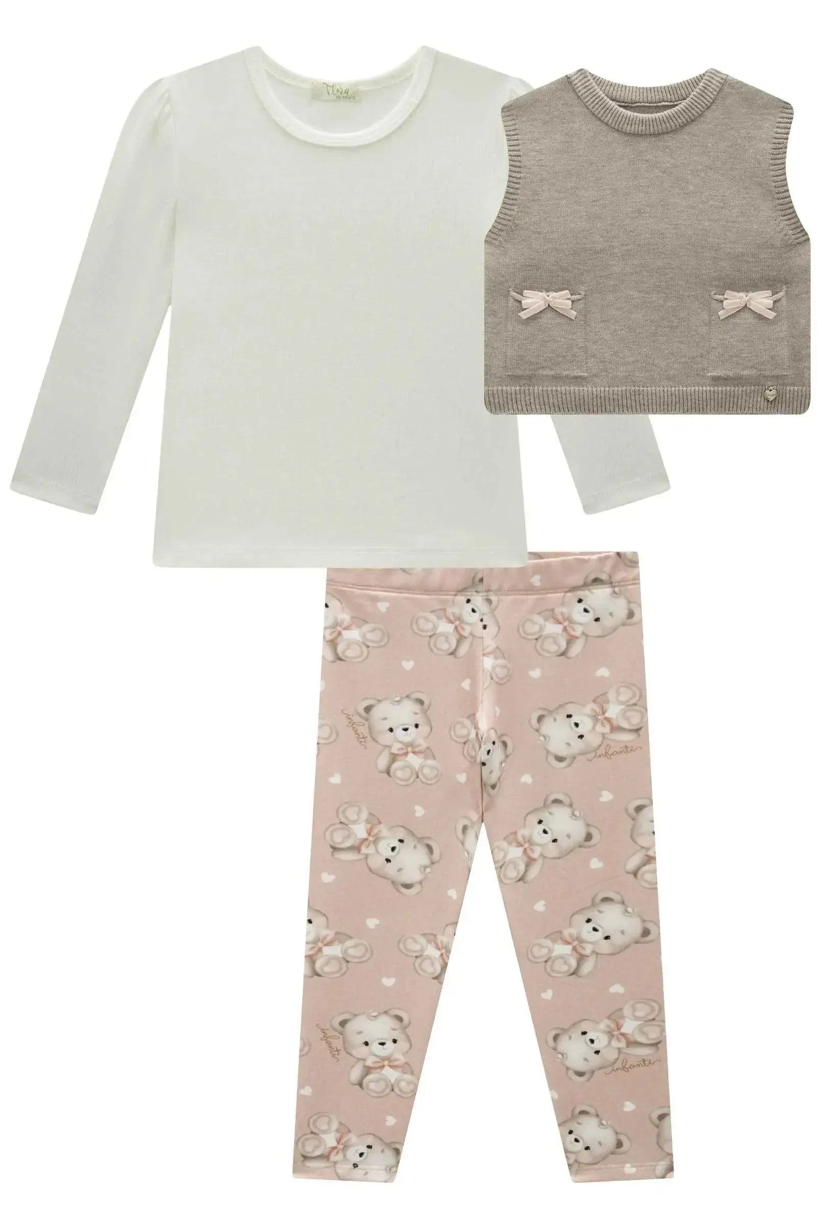Trio de Blusa em Canelado com Colete em Tricot e Calça Legging em Molecotton 87539 Infanti Bebê Menina