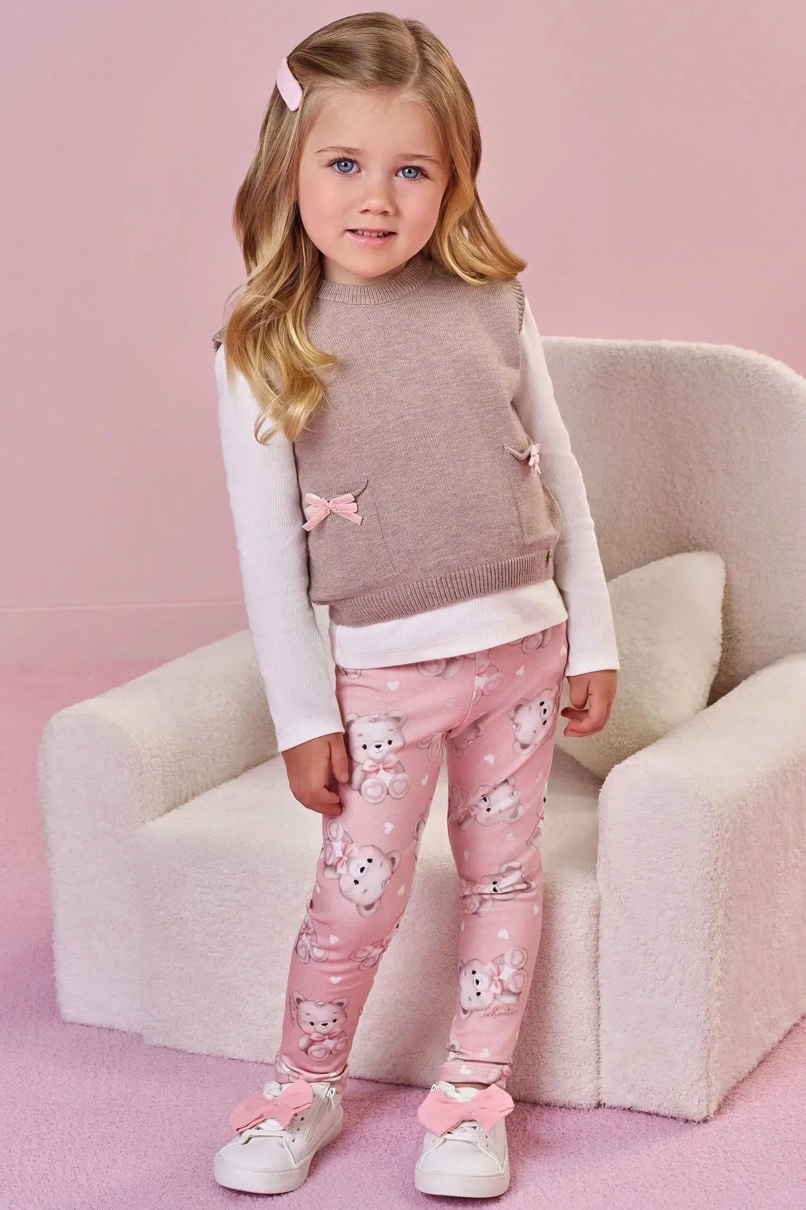 Trio de Blusa em Canelado com Colete em Tricot e Calça Legging em Molecotton 87539 Infanti Bebê Menina