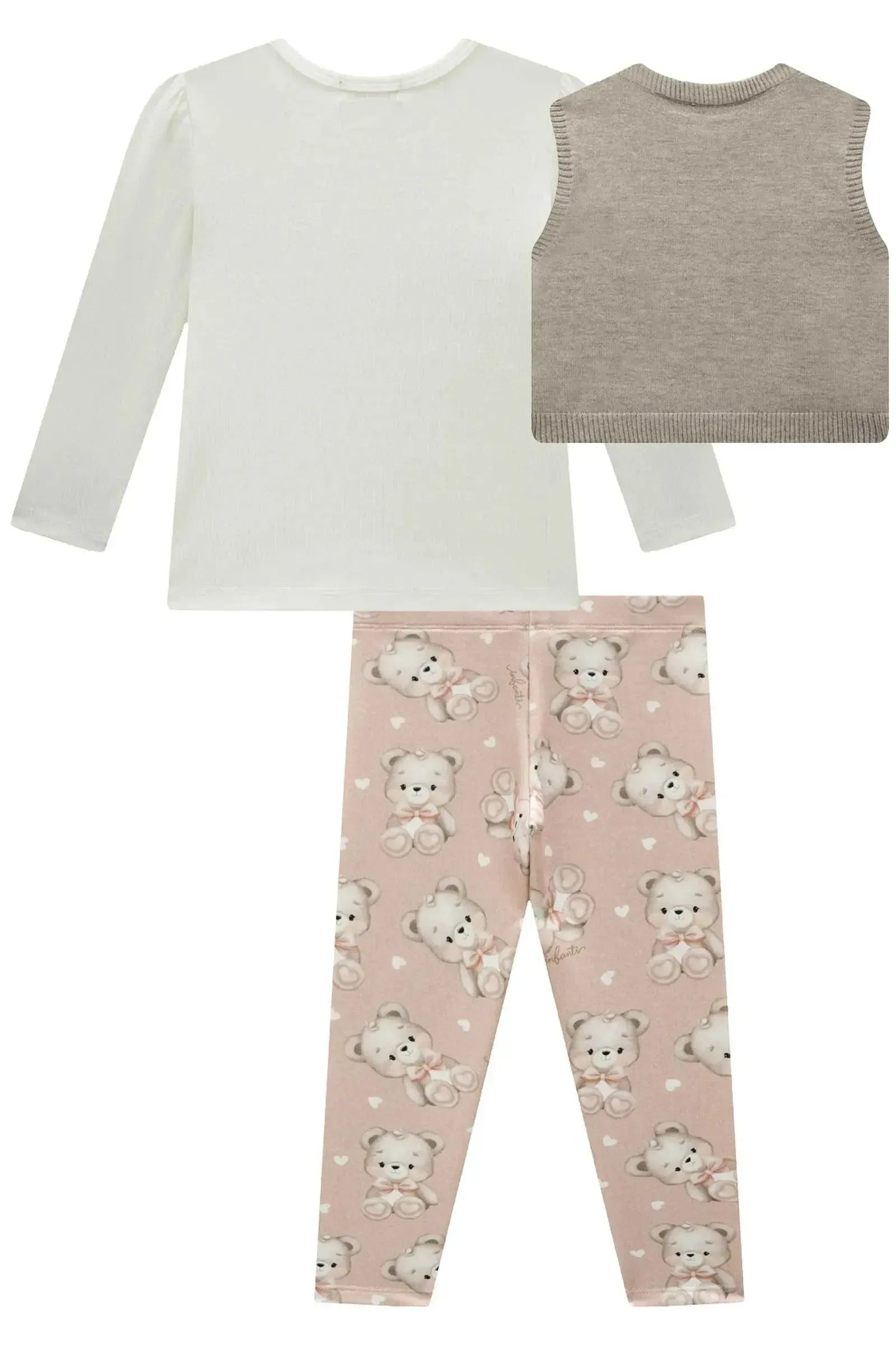 Trio de Blusa em Canelado com Colete em Tricot e Calça Legging em Molecotton 87539 Infanti Bebê Menina