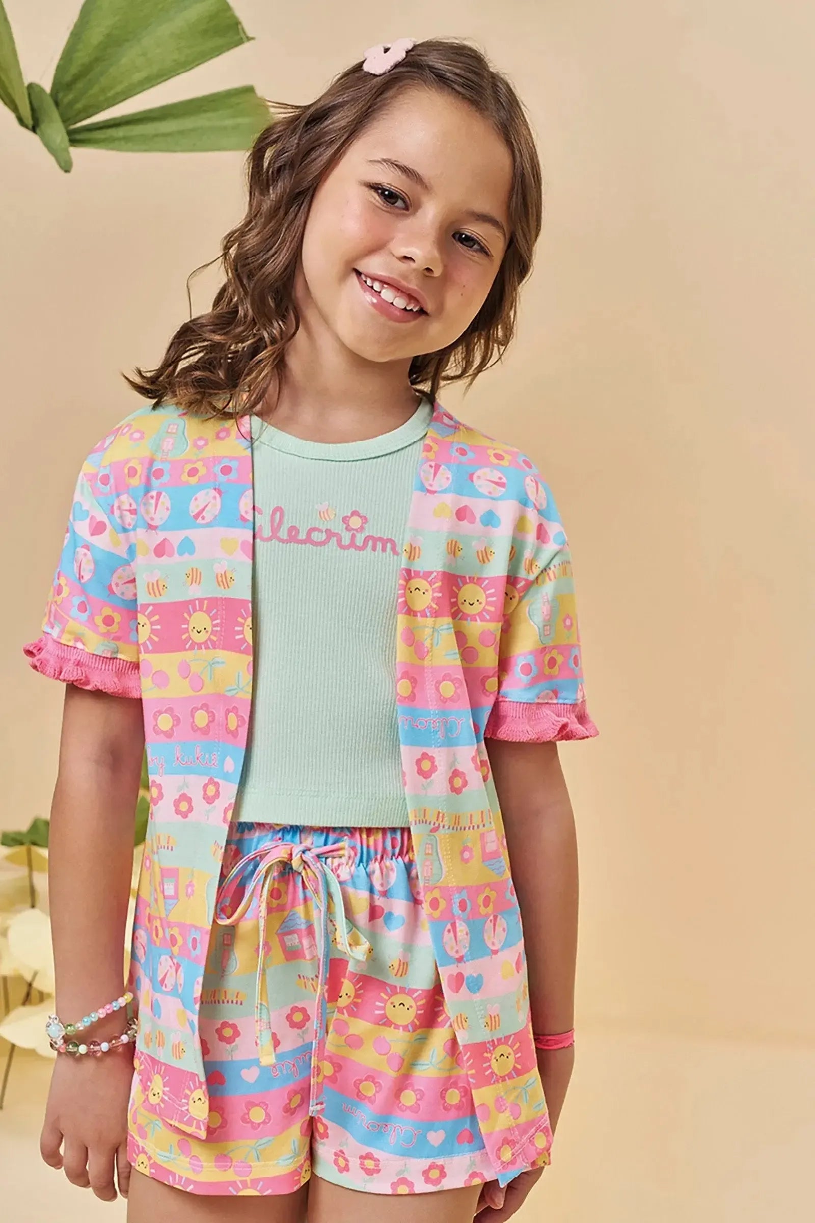 Trio de Blusa em Canelado e Shorts e Kimono em Malha Fresh 95231 Kukiê Infantil Menina