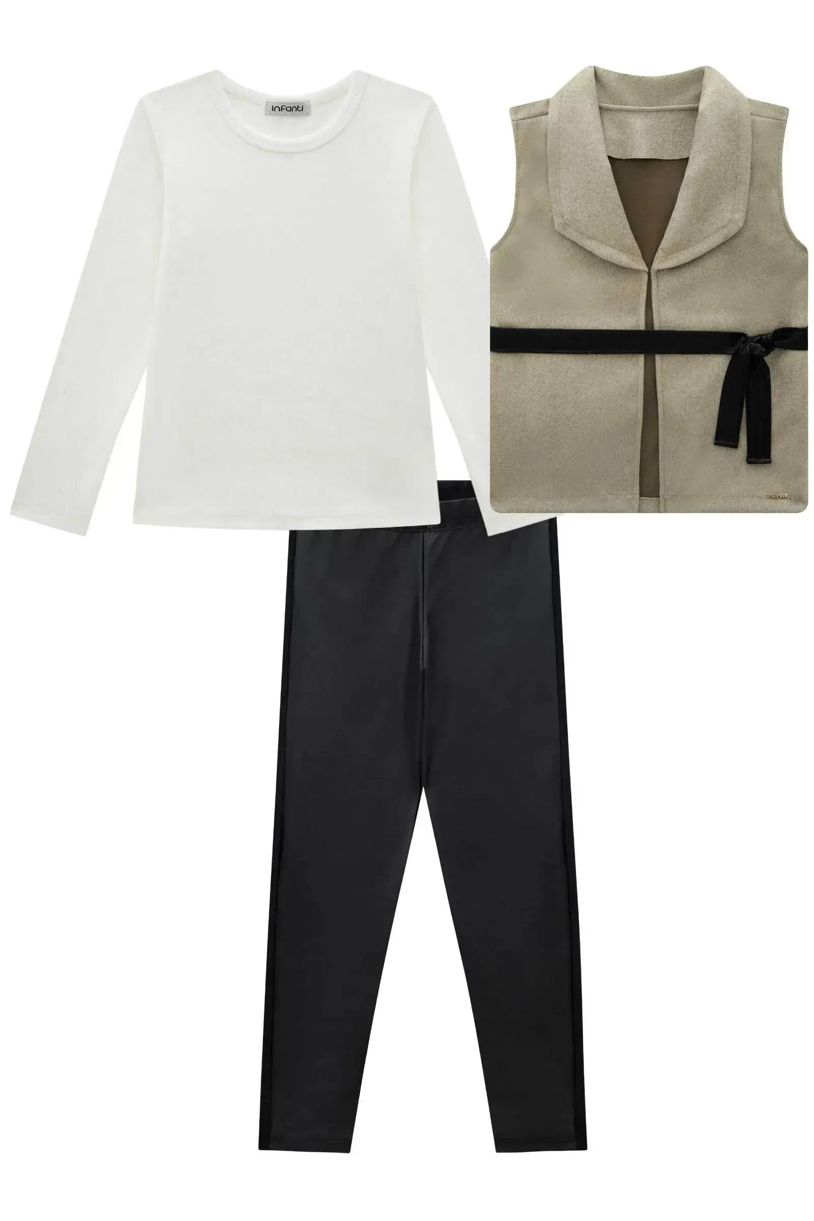 Trio de Blusa em Canelado Liz Calça Legging em Couro Sintético e Termoskin e Colete em Lã 90746 Infanti Infantil Menina