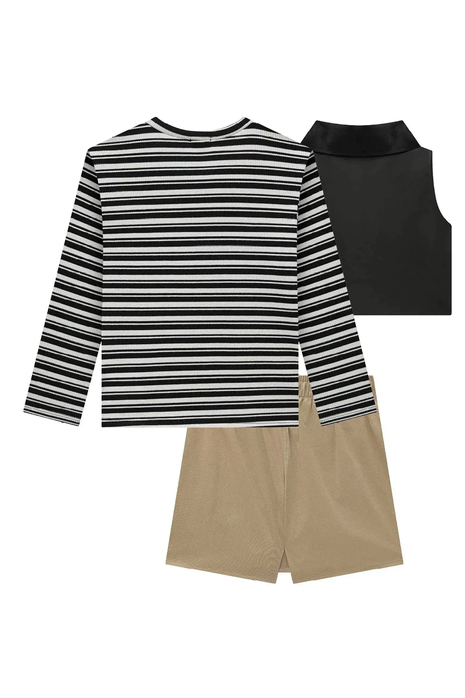 Trio de Blusa em Canelado Liz Colete Cropped em Couro Dublado e Short Saia em Sarja 90908 Vic&Vicky Teen Menina