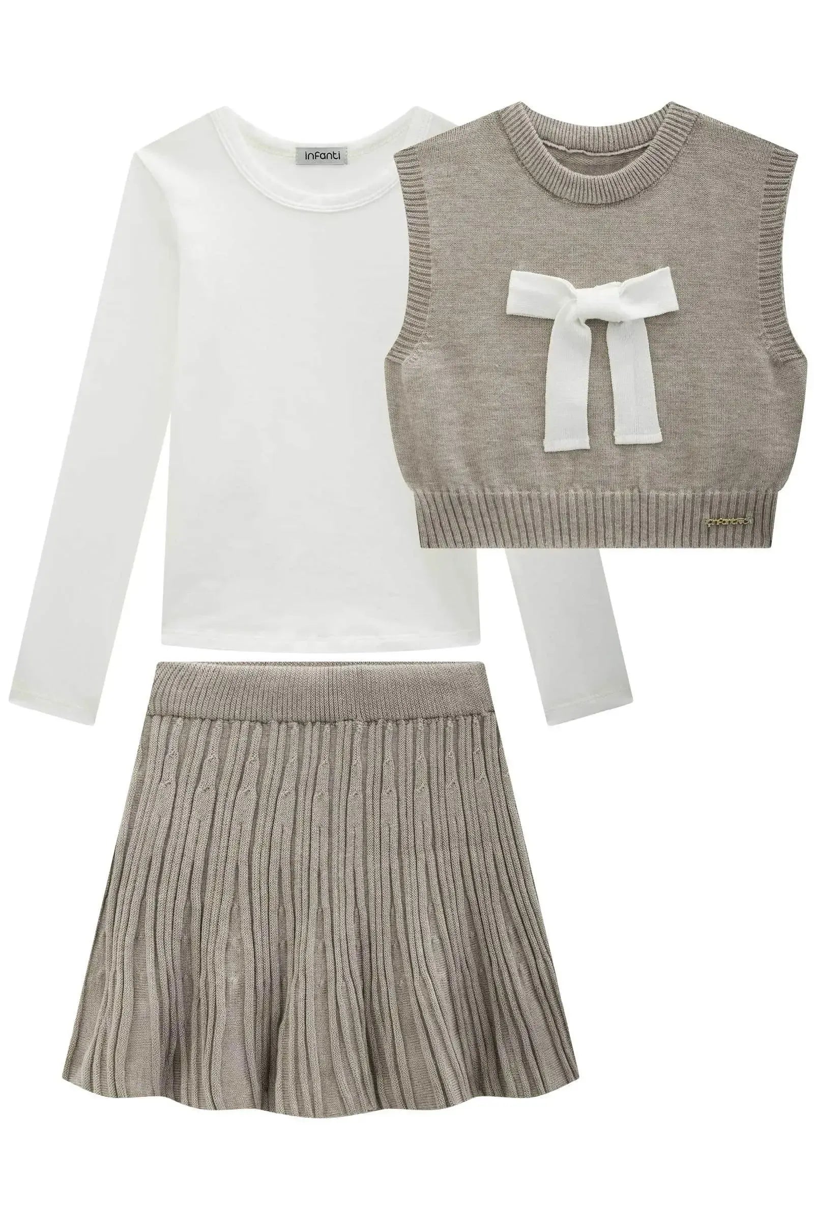 Trio de Blusa em Cotton Colete e Saia em Tricot 87685 Infanti Infantil Menina