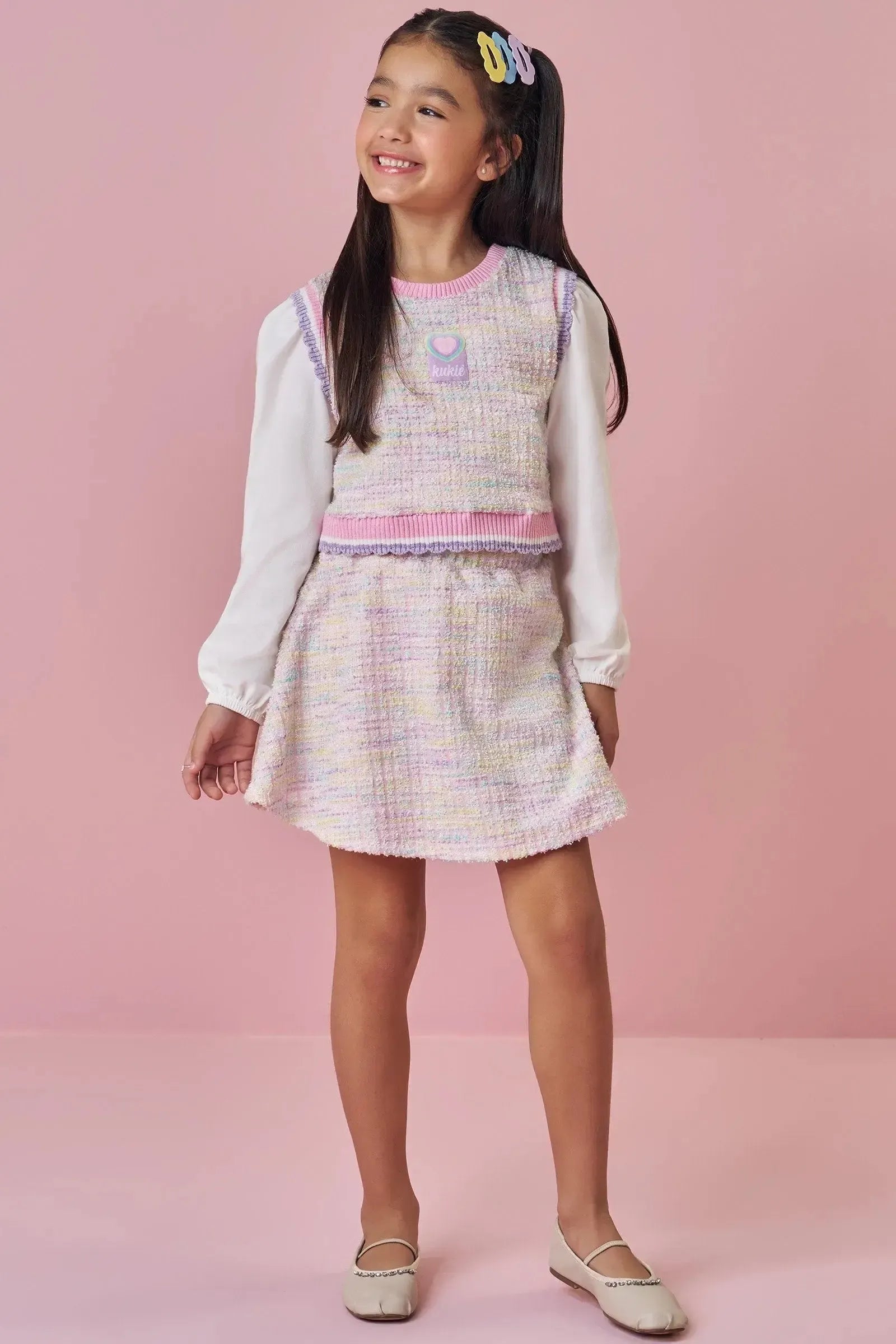 Trio de Blusa em Cotton Colete em Malha Tweed e Saia em Malha Tweed 89831 Kukiê Infantil Menina