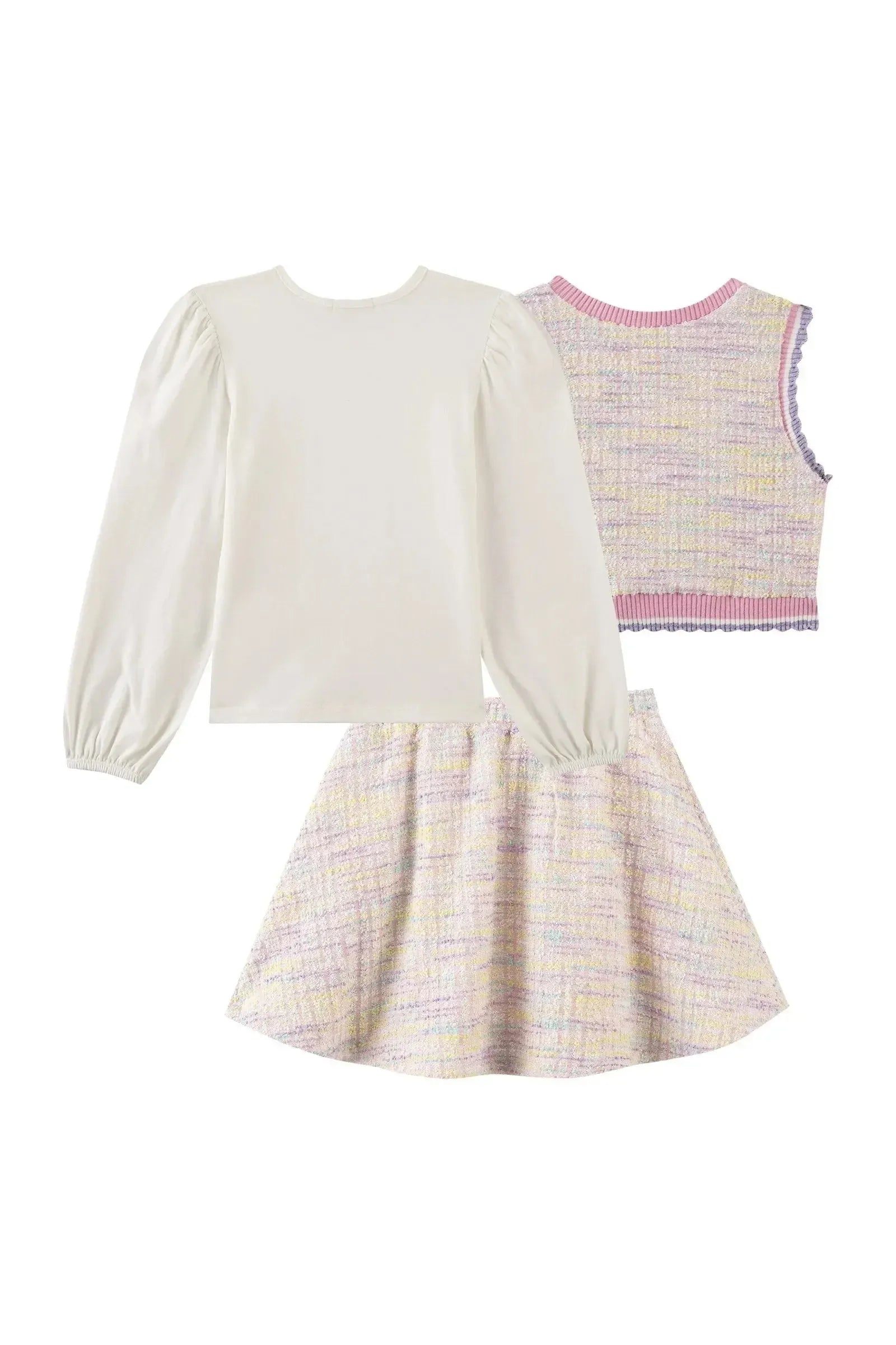 Trio de Blusa em Cotton Colete em Malha Tweed e Saia em Malha Tweed 89831 Kukiê Infantil Menina