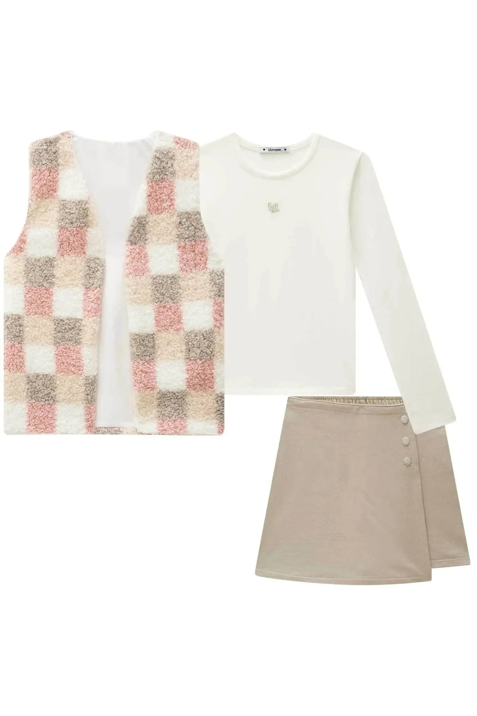 Trio de Blusa em Cotton Colete em Pelo Sintético e Short Saia em Moletom sem Pelúcia 91751 Lilimoon Teen Menina