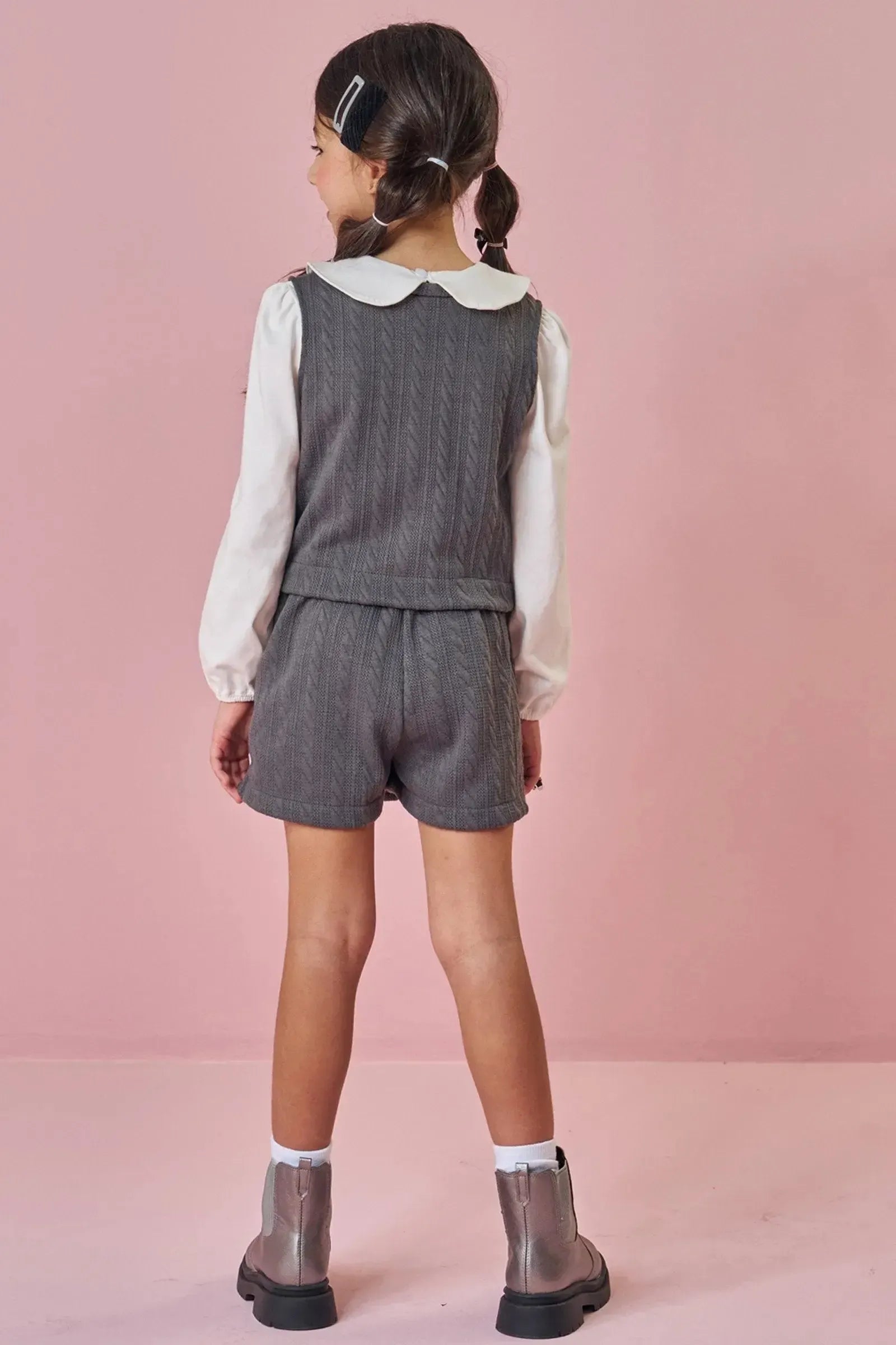 Trio de Blusa em Cotton Short Saia e Colete em Malha Tricot 92480 Kukiê Infantil Menina