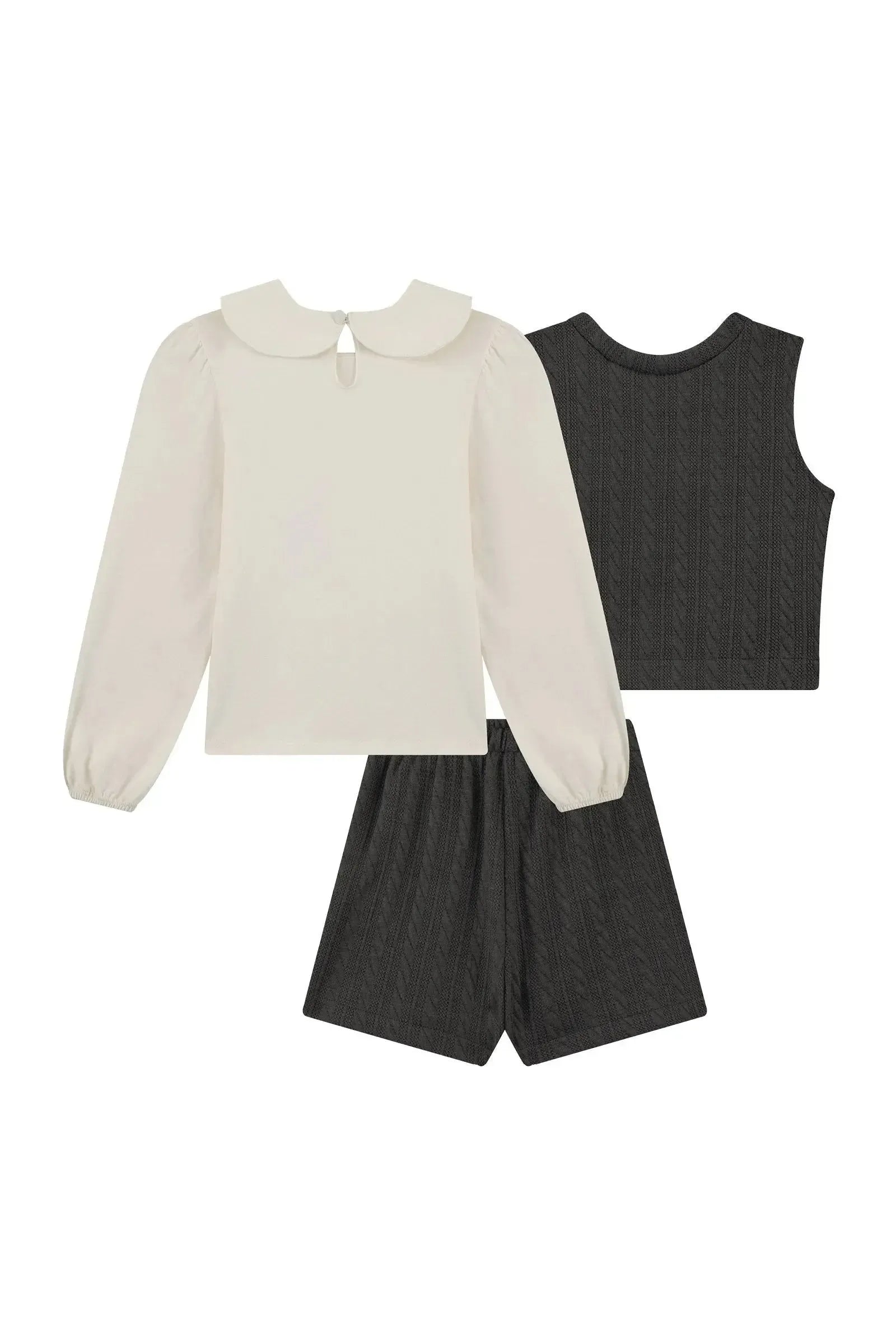 Trio de Blusa em Cotton Short Saia e Colete em Malha Tricot 92480 Kukiê Infantil Menina