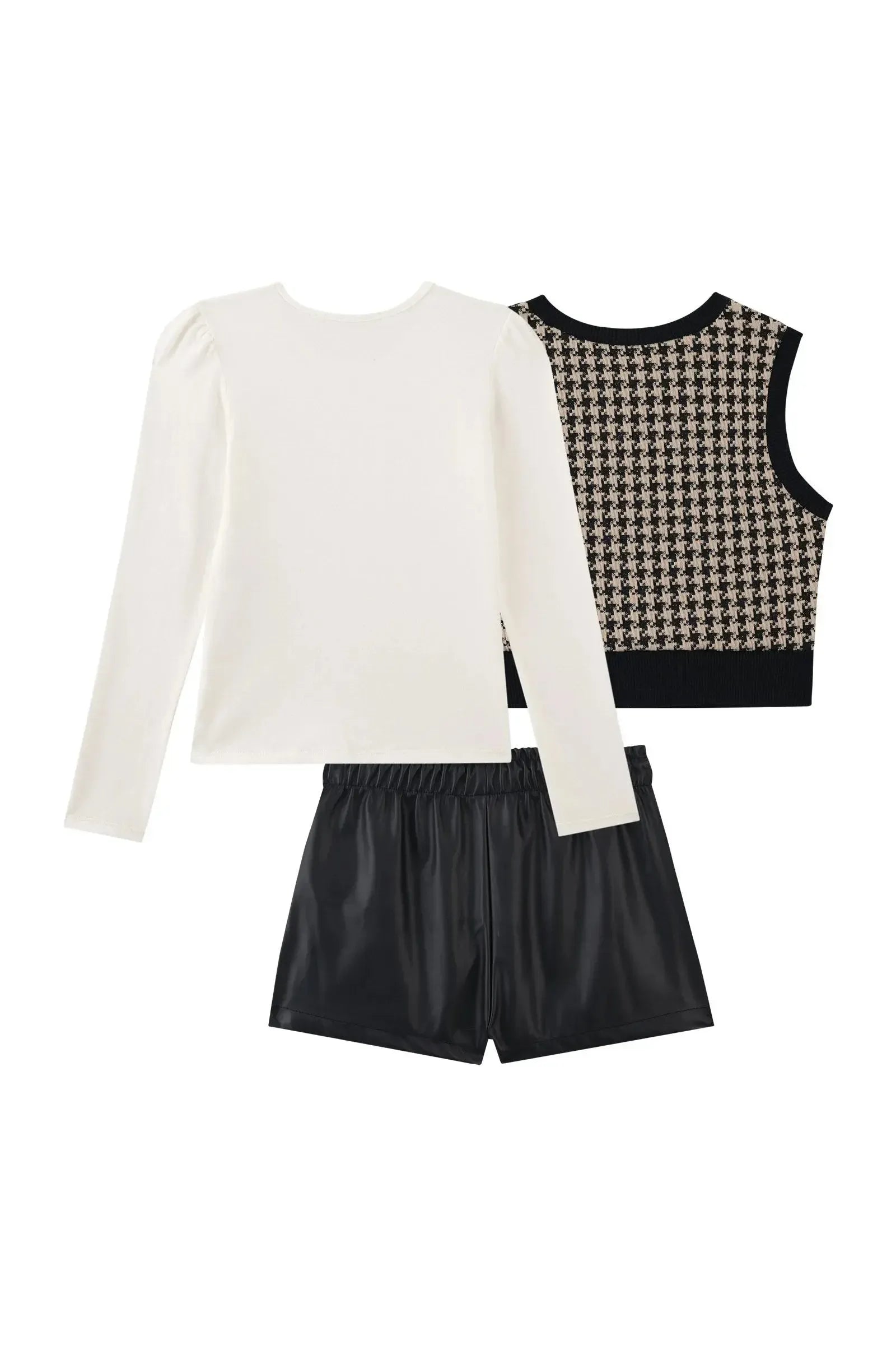 Trio de Blusa em Cotton Shorts em Couro Eco e Colete em Malha Jacquard Pied de Poule 91739 Kukiê Infantil Menina
