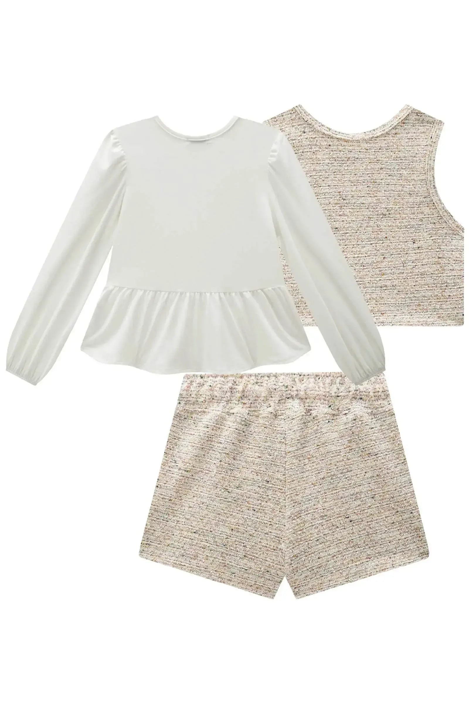 Trio de Blusa em Malha Comfy Colete e Short Saia em Malha Tweed 91897 Infanti Infantil Menina