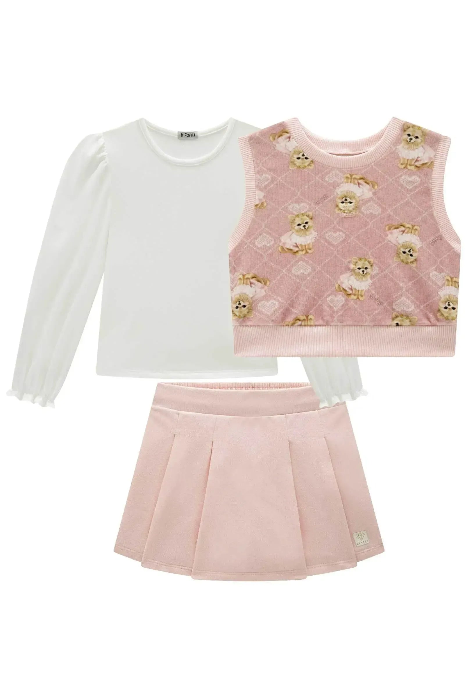 Trio de Blusa em Malha Comfy Colete em Fleece Luxo e Short Saia em Moletom sem Pelúcia 92556 Infanti Infantil Menina