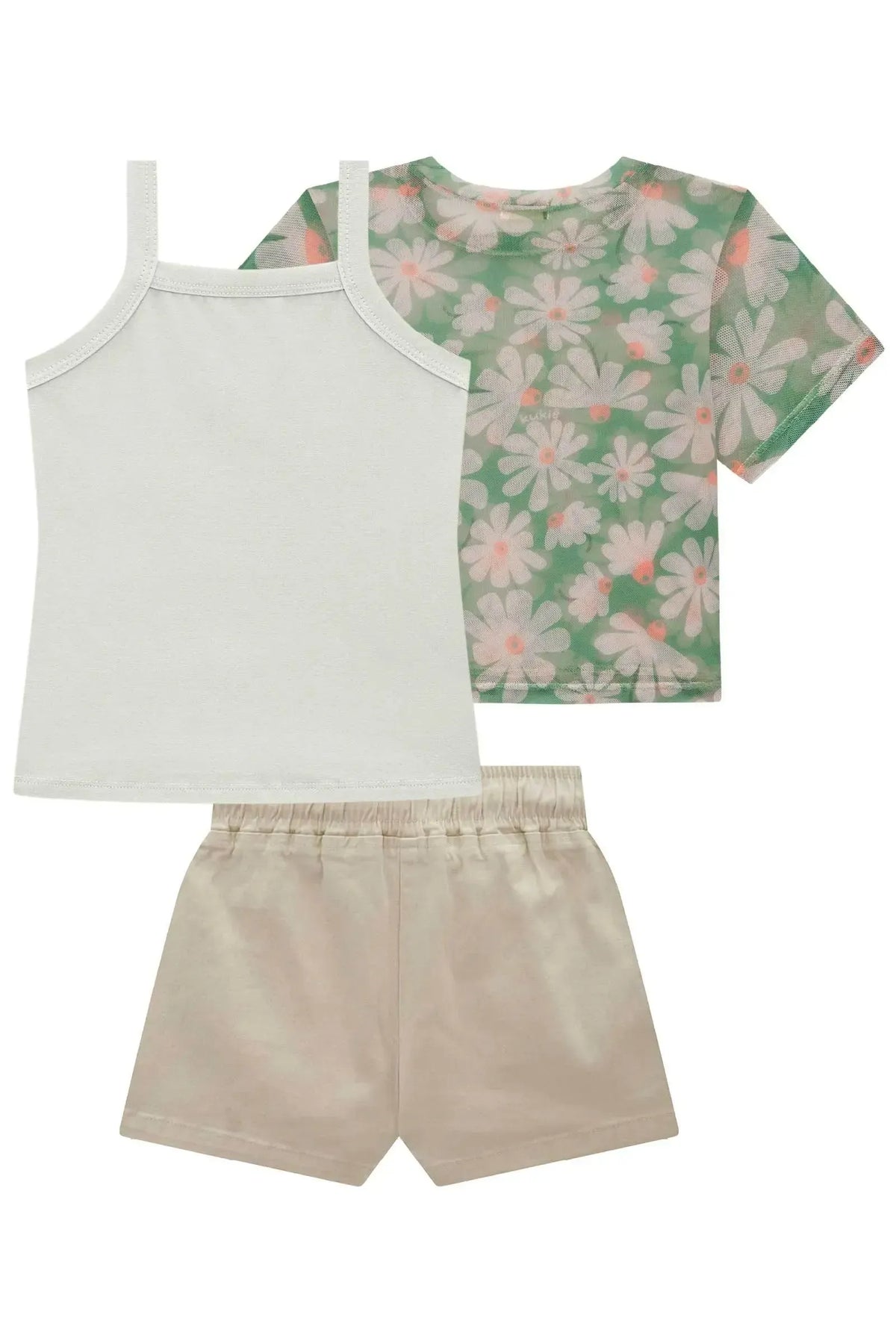 Trio de Blusa em Tule com Elastano Regata em Cotton e Shorts em Sarja com Elastano 98744 Kukiê Infantil Menina