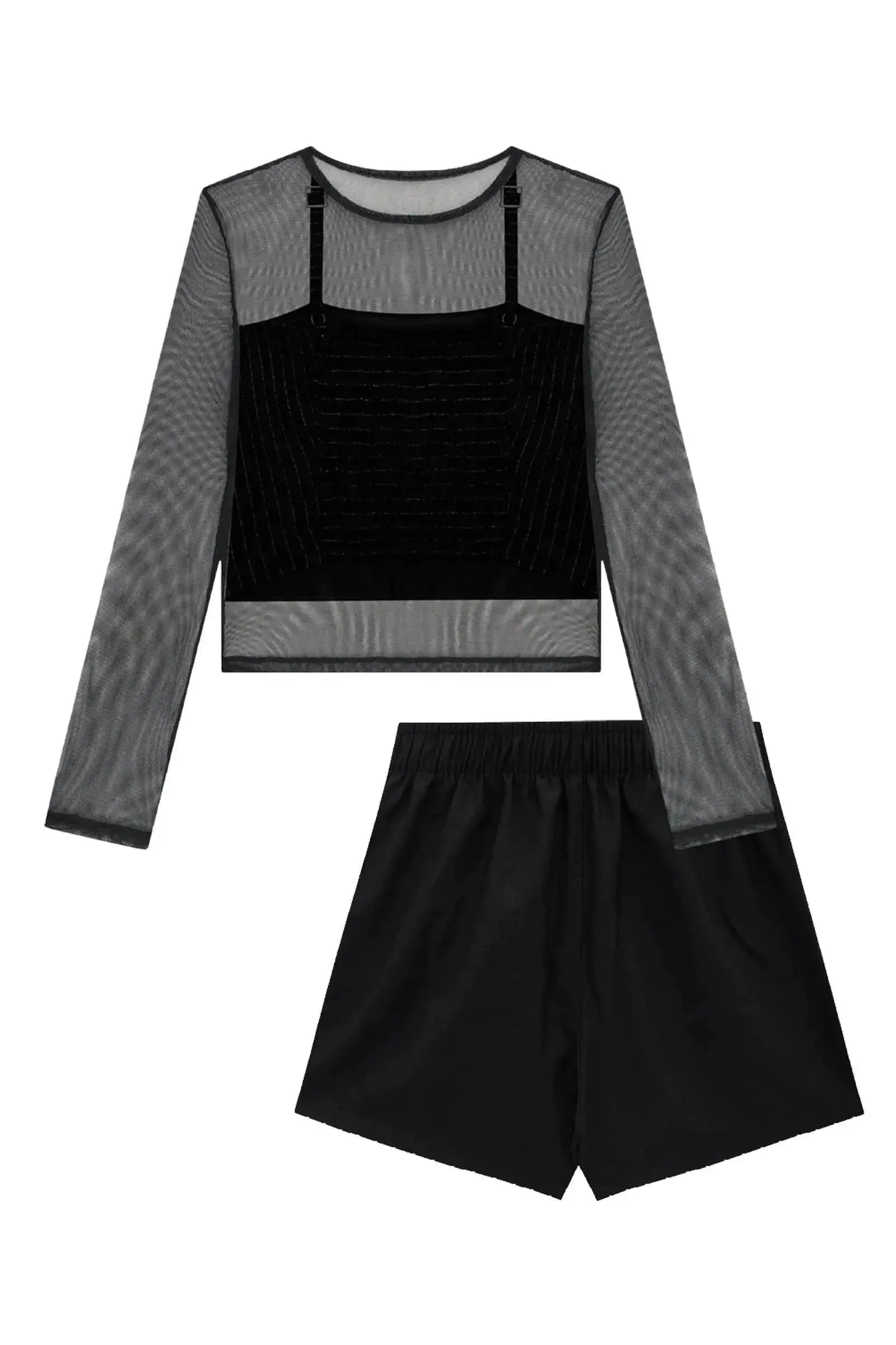 Trio de Blusa em Tule Sobreposição Regata Cropped em Visco Shine e Shorts em Alfaiataria 90128 Vic&Vicky Teen Menina