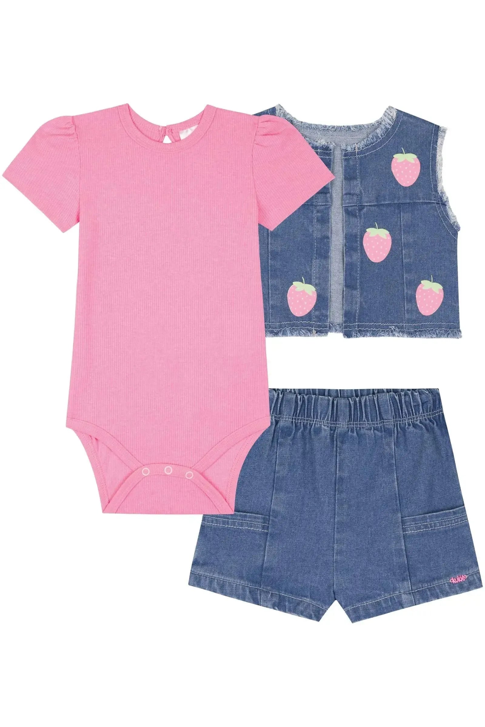 Trio de Body em Canelado e Shorts e Colete em Jeans com Elastano 85738 Kukiê Bebê Menina