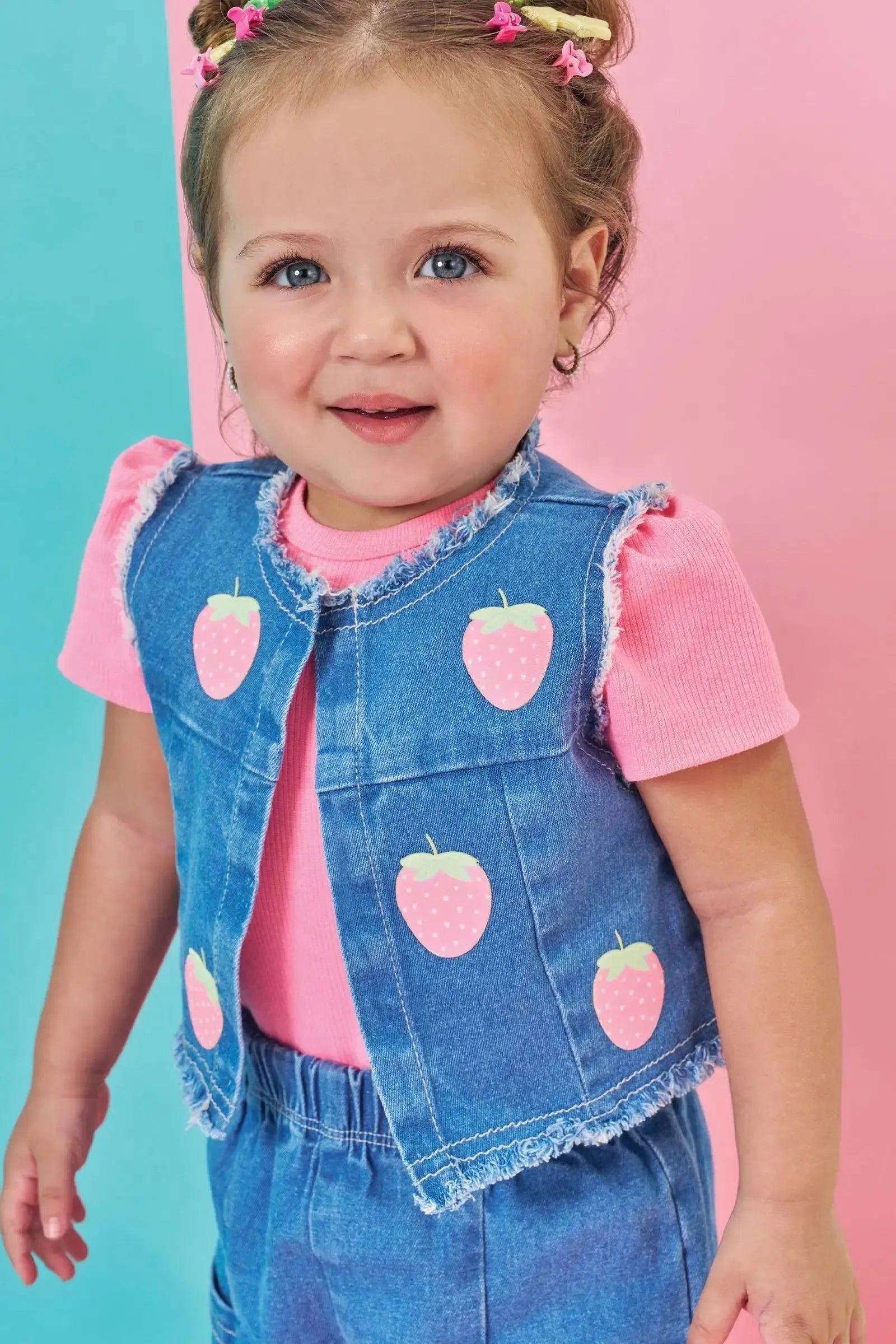 Trio de Body em Canelado e Shorts e Colete em Jeans com Elastano 85738 Kukiê Bebê Menina