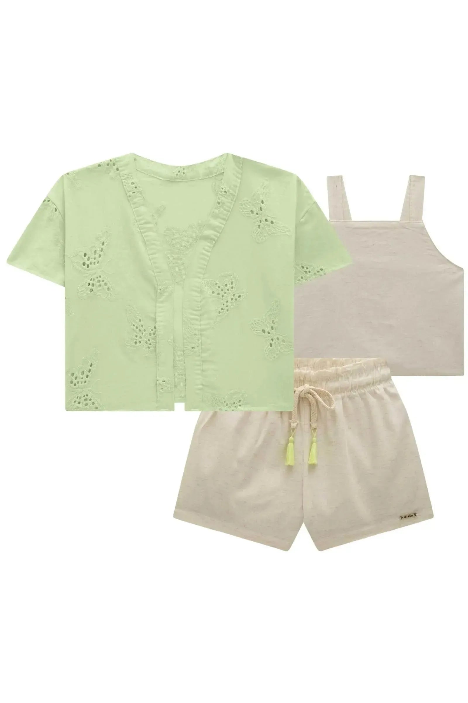 Trio de Camisa em Laise Borboleta Cropped e Shorts em Linho Deluxe 84610 Infanti Infantil Menina