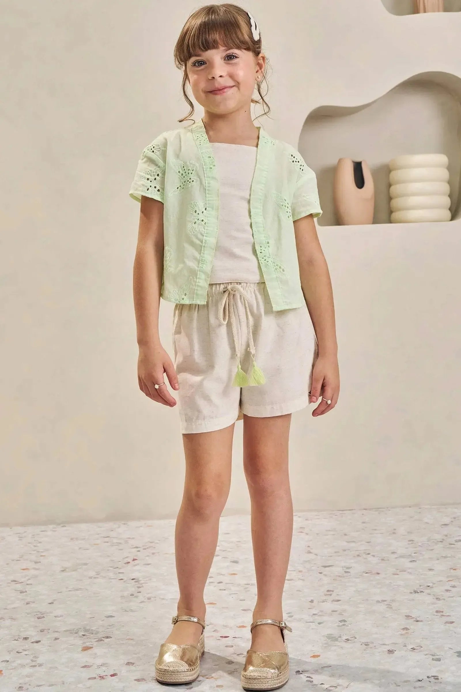 Trio de Camisa em Laise Borboleta Cropped e Shorts em Linho Deluxe 84610 Infanti Infantil Menina
