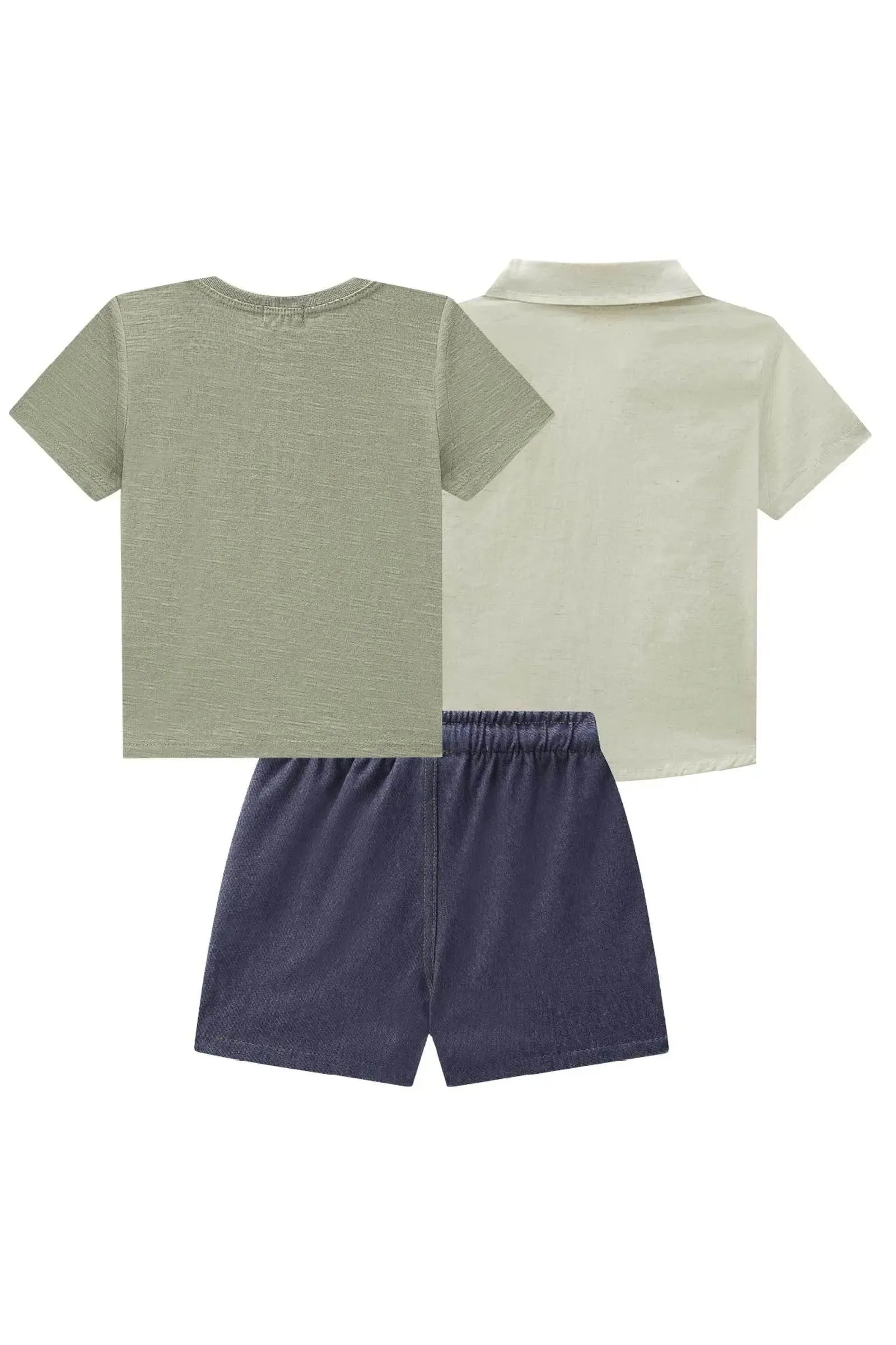Trio de Camisa em Linho Deluxe Camiseta em Flamê e Bermuda em Cotton Jeans com Elastano 86333 Johnny Fox Bebê Menino