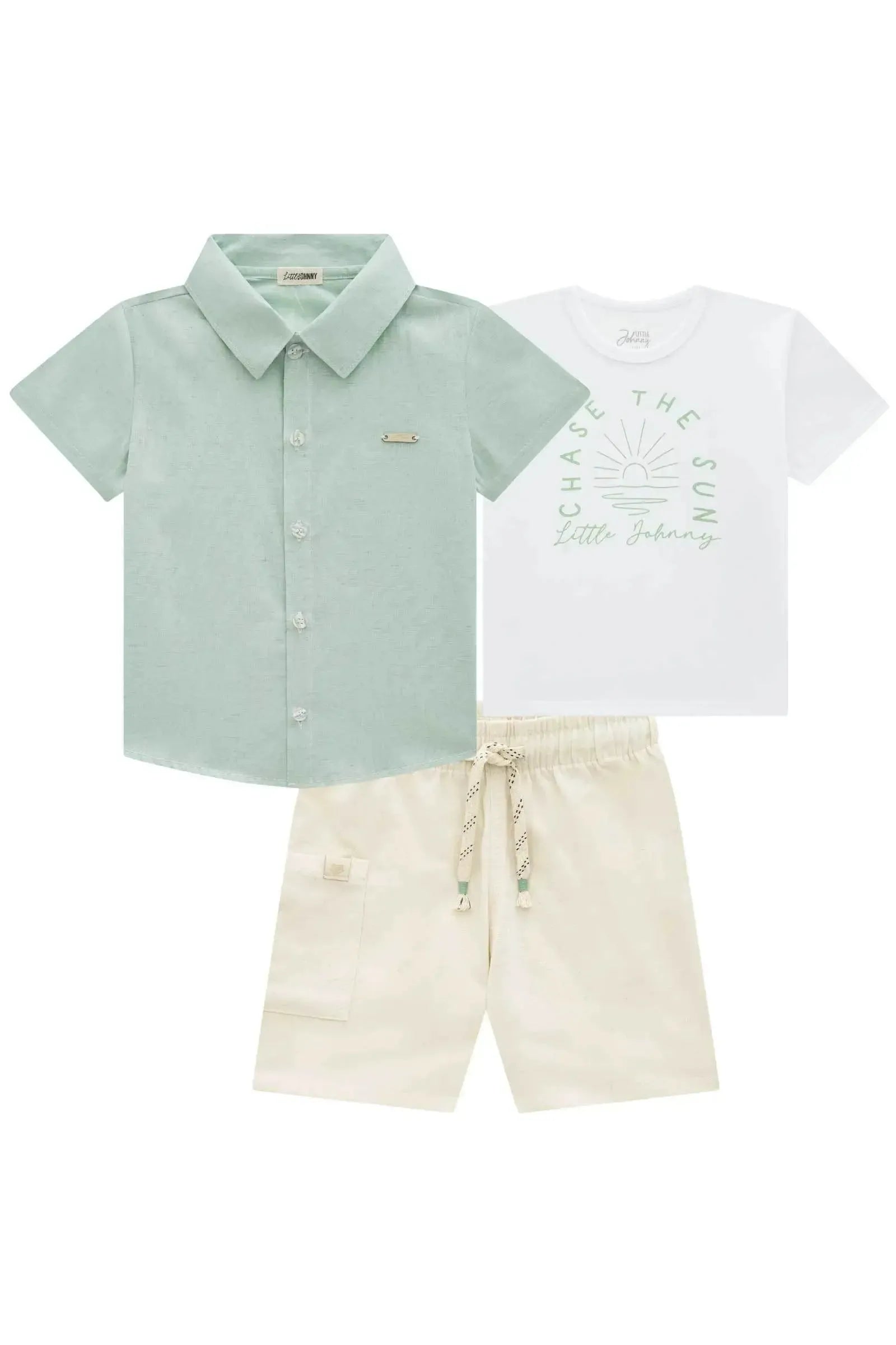 Trio de Camisa em Linho Deluxe Camiseta em Meia Malha e Bermuda em Linho Santorine 95434 Johnny Fox Teen Menino