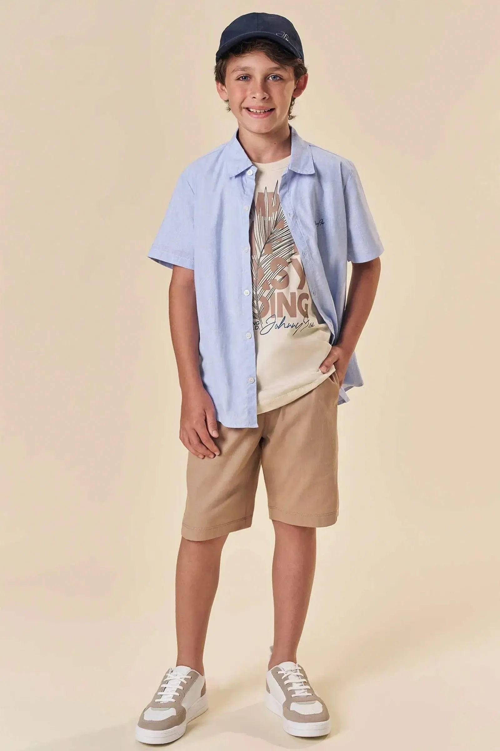 Trio de Camisa em Tricoline Camiseta em Meia Malha e Bermuda em Linho Santorine com Elastan 84077 Johnny Fox Teen Menino