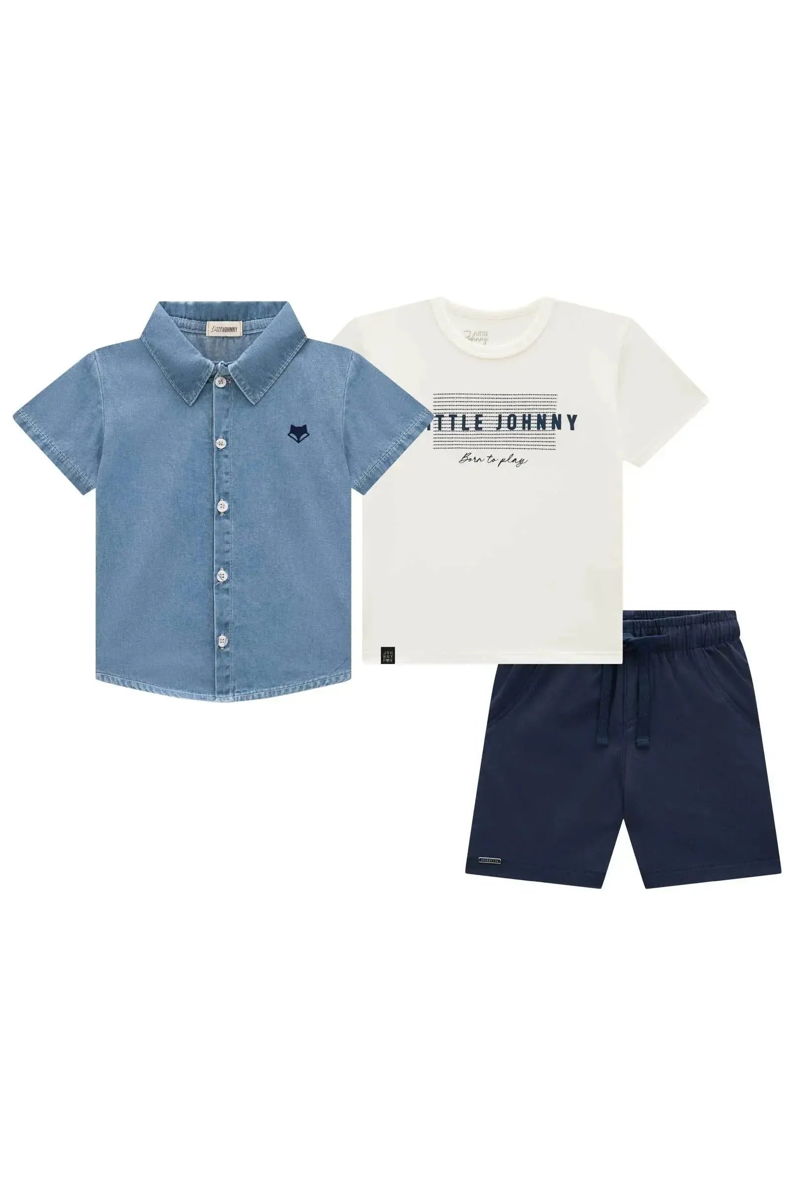 Trio de Camiseta em Meia Malha Camisa Jeans e Bermuda em Sarja Girassol com Elastano 95440 Johnny Fox Teen Menino
