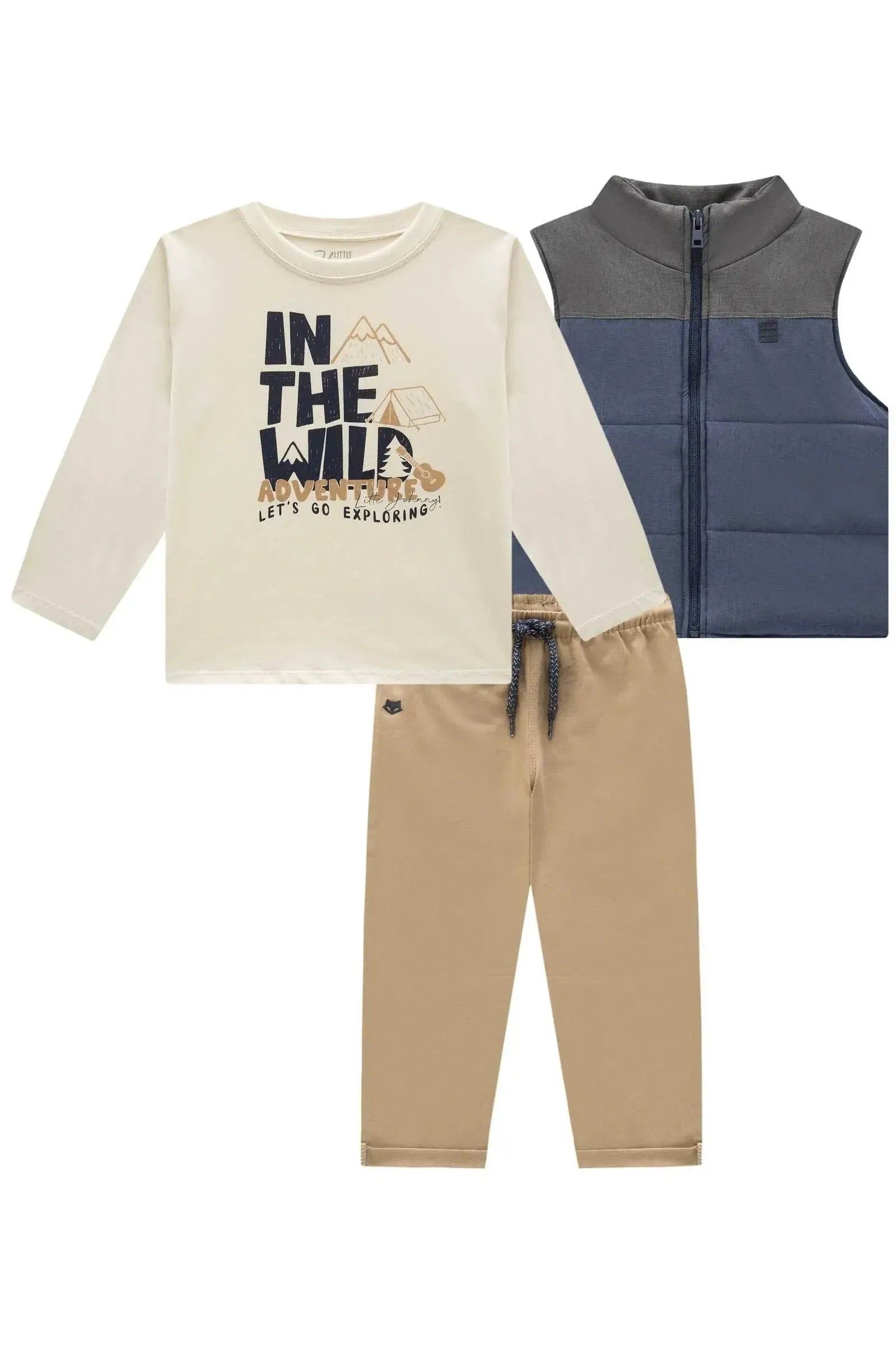 Trio de Camiseta em Meia Malha Colete em Nylon Stripes e Calça em Sarja Girassol com Elas 90964 Johnny Fox Bebê Menino