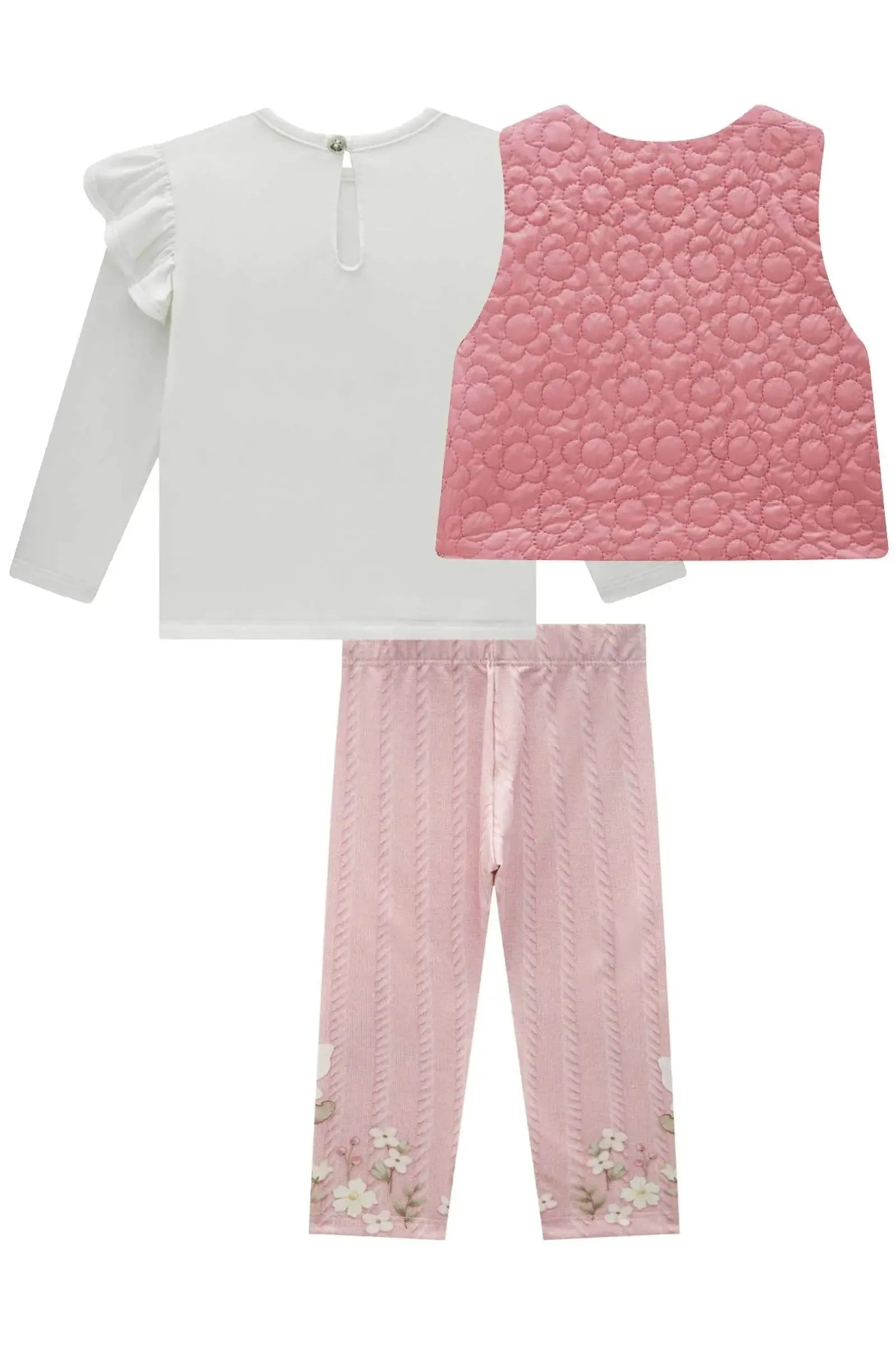 Trio de Colete em Matelassê Flores com Bata em Malha Comfy e Calça Legging em Termoskin Pel 90990 Infanti Bebê Menina