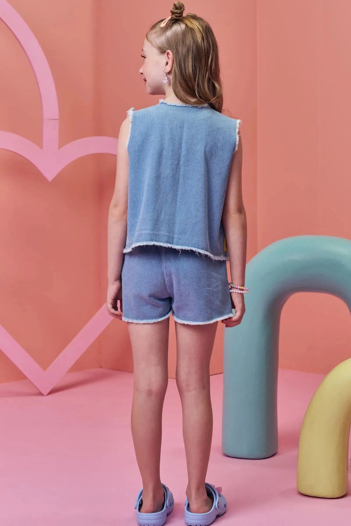 Trio de Regata em Canelado Colete e Shorts em Jeans 99311 Infanti Infantil Menina