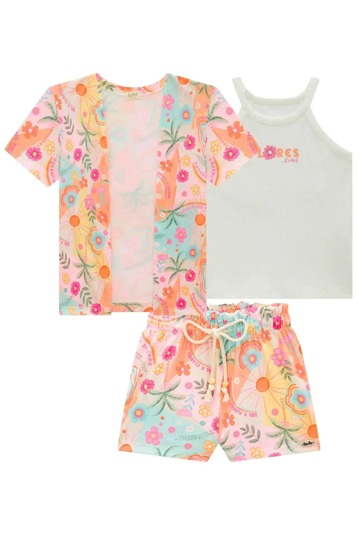 Trio de Regata em Canelado e Shorts e Kimono em Malha Fresh 99714 Kukiê Infantil Menina