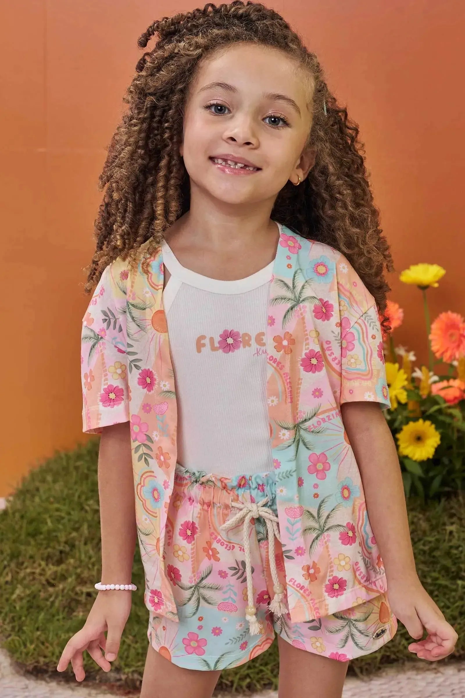 Trio de Regata em Canelado e Shorts e Kimono em Malha Fresh 99714 Kukiê Infantil Menina