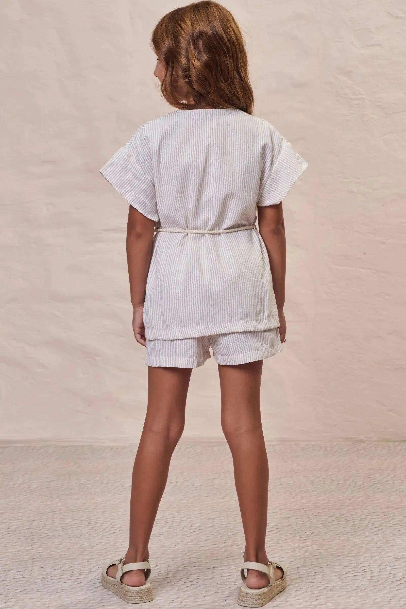 Trio de Regata em Cotton e Kimono e Shorts em Tricoline Listrado 98070 Kukiê Infantil Menina