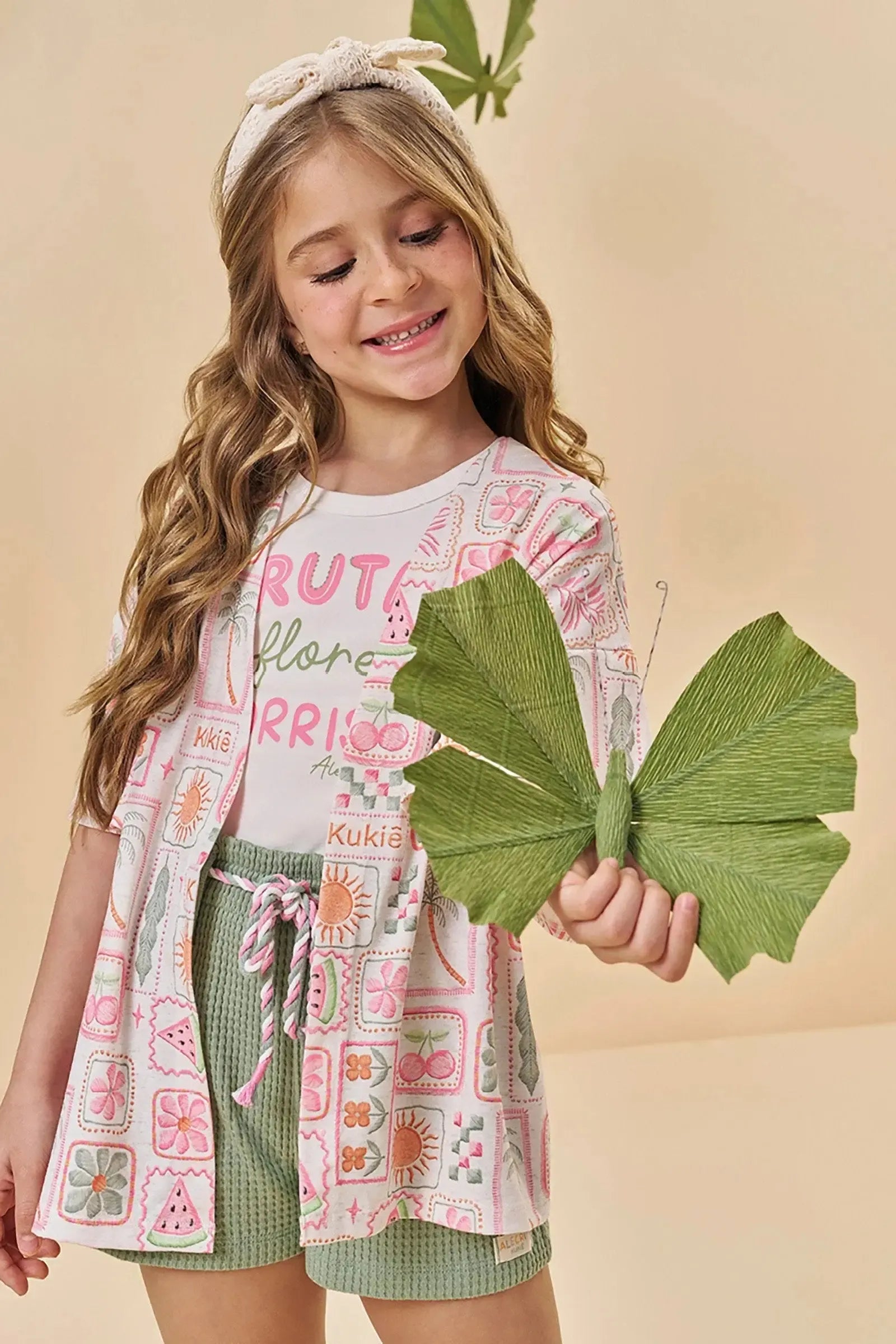 Trio de Regata em Cottonshorts em Malha Big Waffle e Kimono em Malha Fresh 95227 Kukiê Infantil Menina