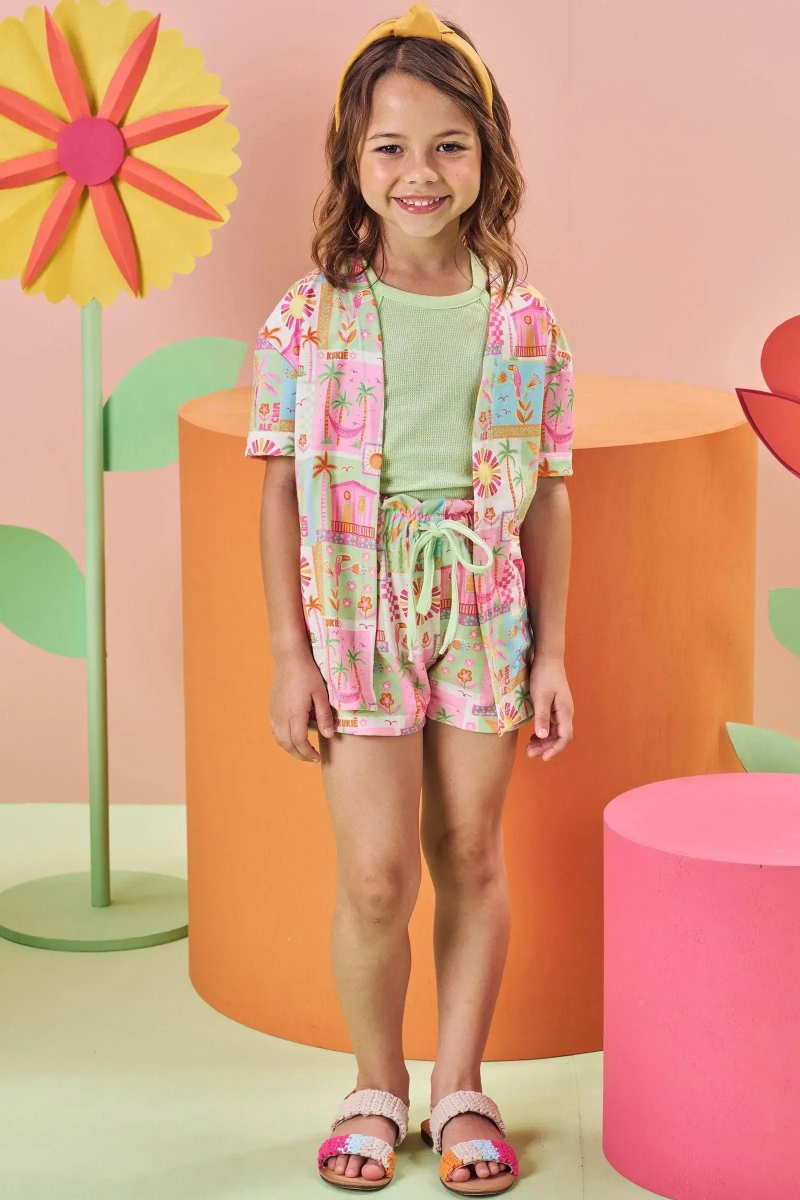 Trio de Regata em Malha Little Waffle e Shorts e Kimono em Malha Fresh 84493 Kukiê Infantil Menina