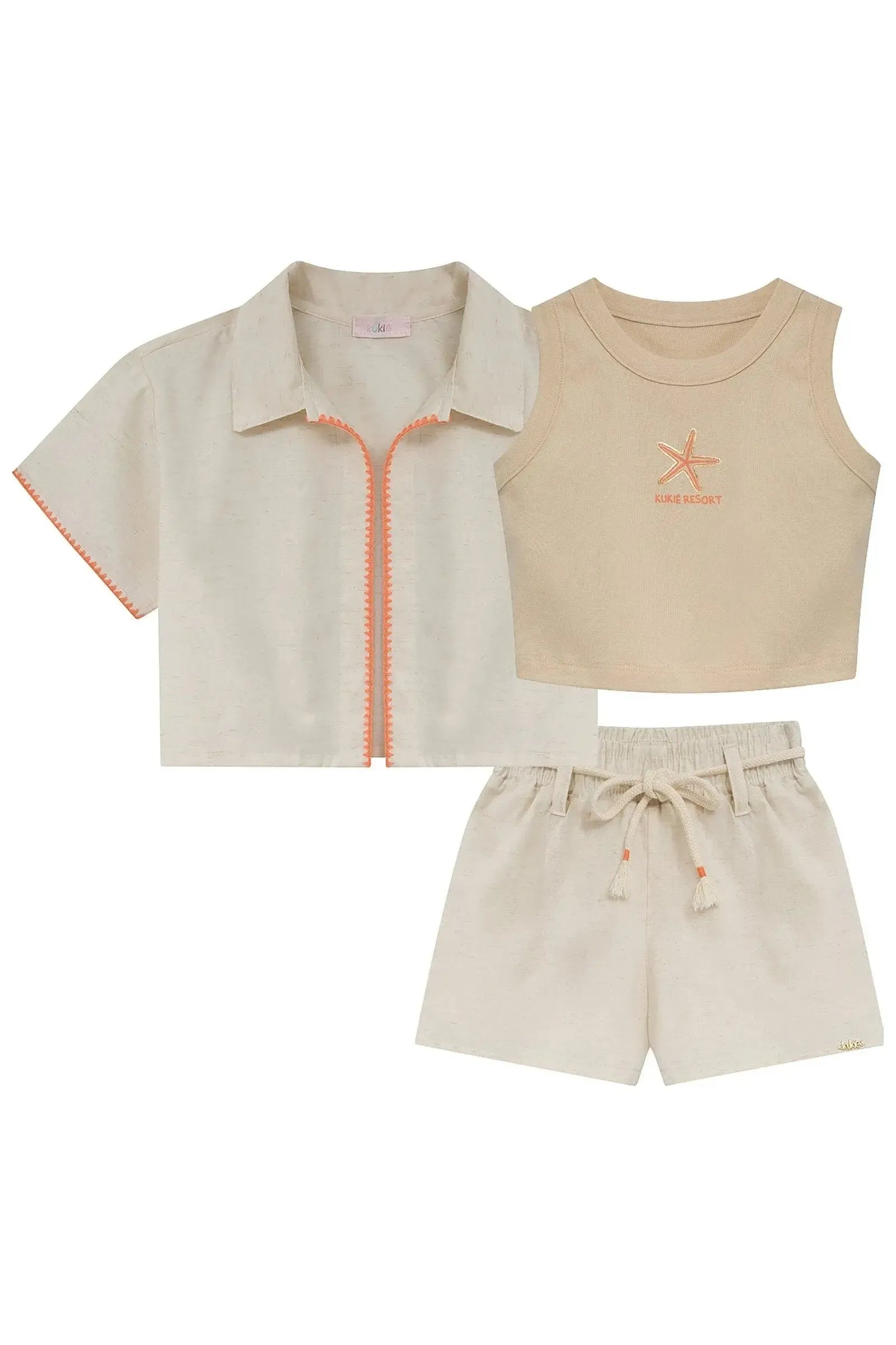 Trio de Regata em Ribana Camisa e Shorts em Linho Deluxe 95903 Kukiê Infantil Menina