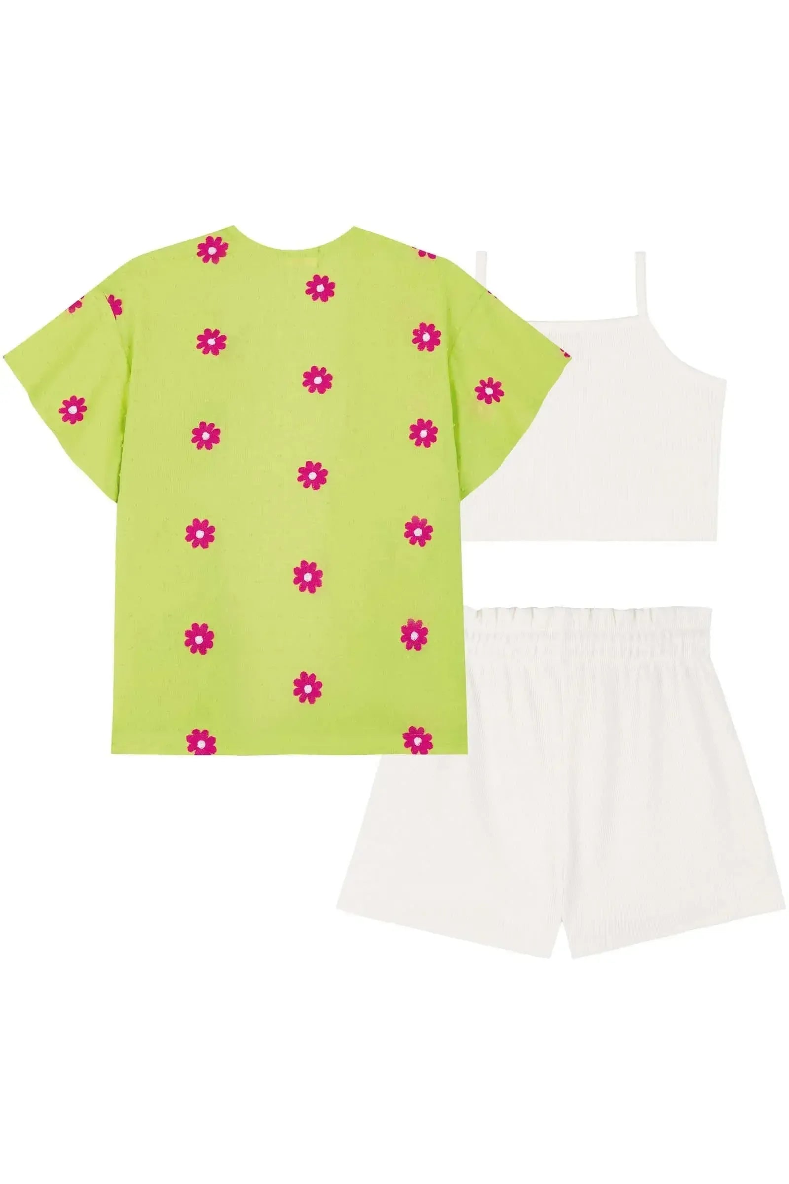 Trio de Top Cropped e Shorts em Soft Line e Kimono em Tricoline Bordado Flores 85235 Kukiê Infantil Menina